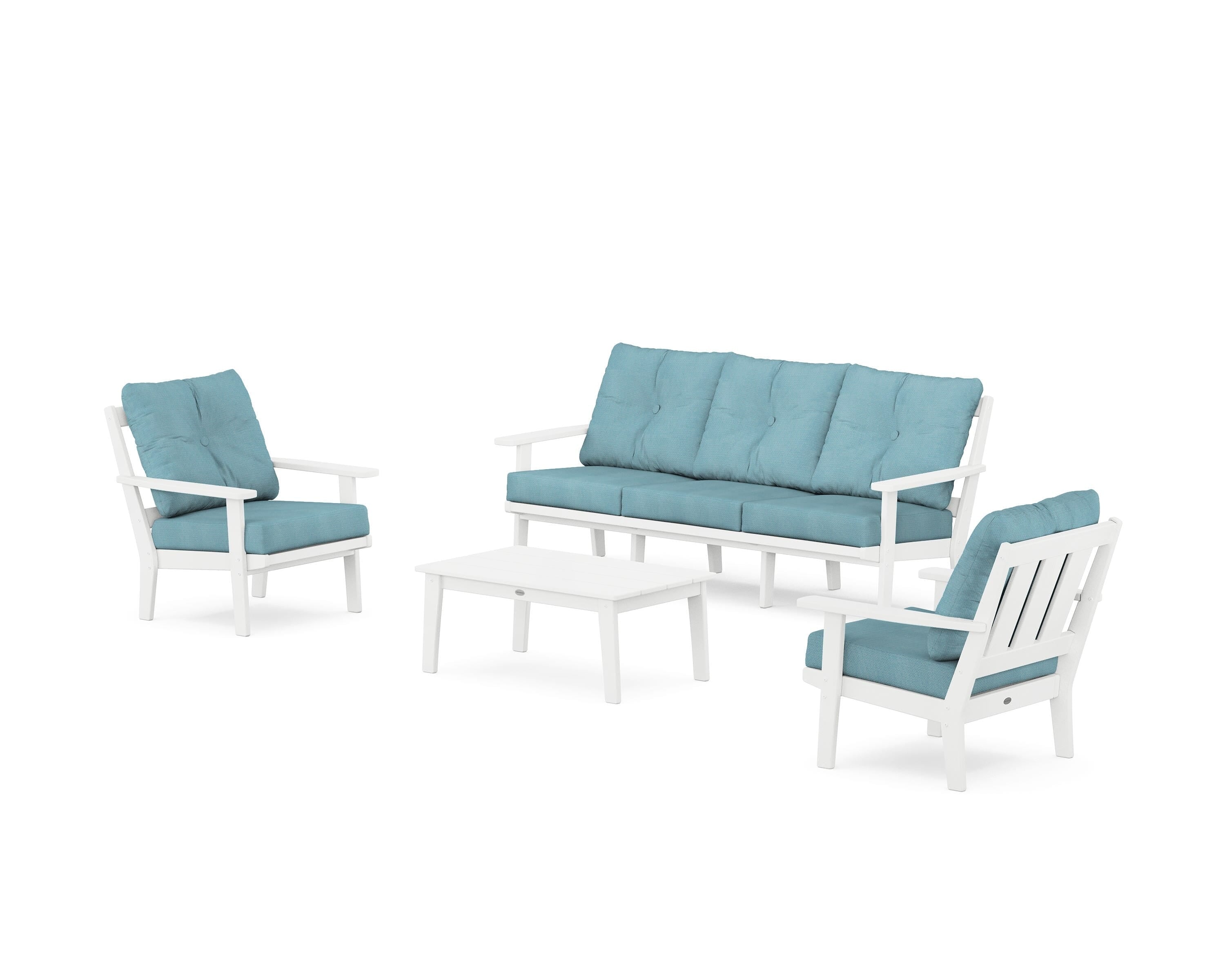 POLYWOOD Oxford 4-Piece Deep Seating Set with Sofa in White / Lattice Sky Blue