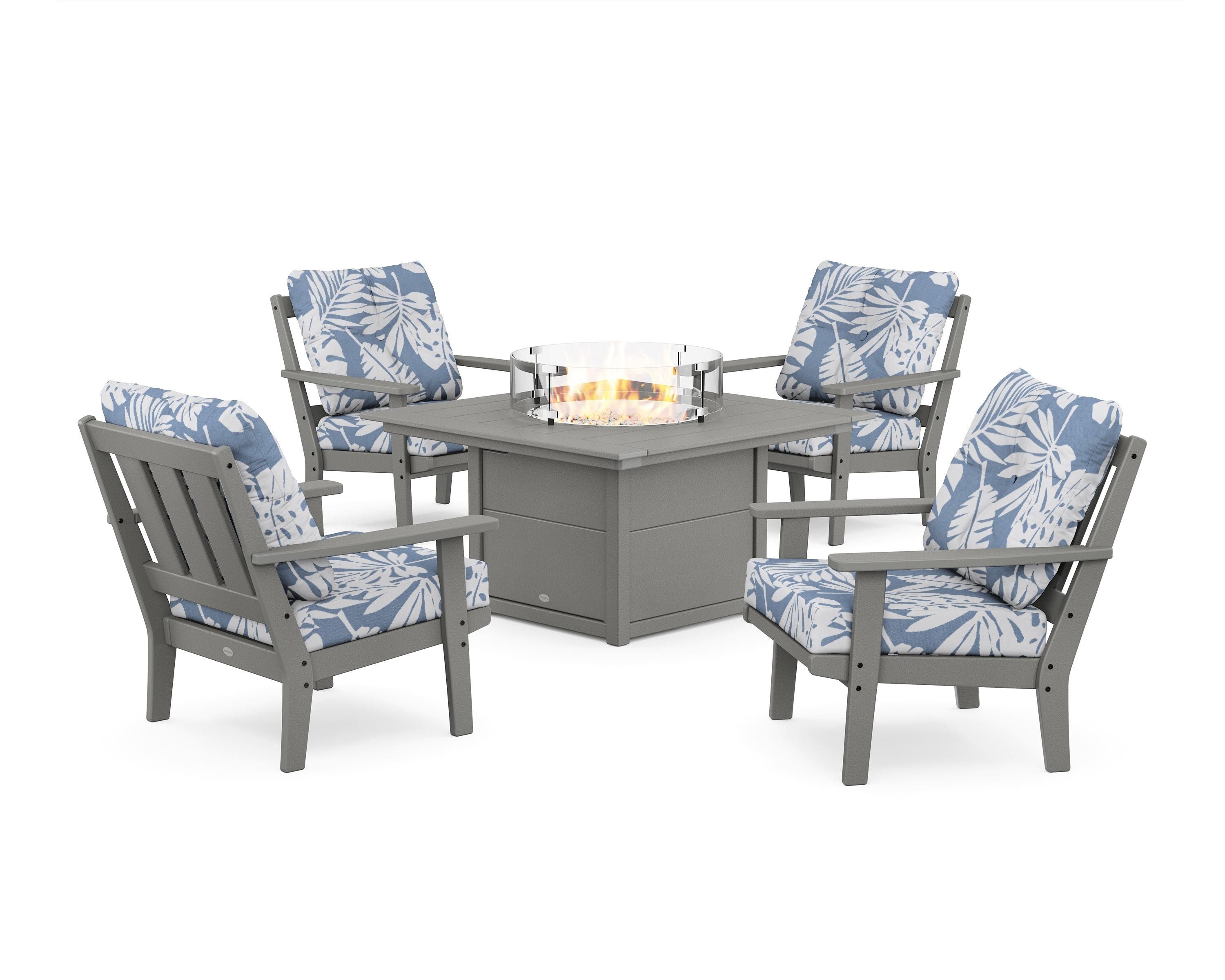 POLYWOOD Oxford 5-Piece Deep Seating Set with Fire Pit Table in Slate Grey / Leaf Sky Blue