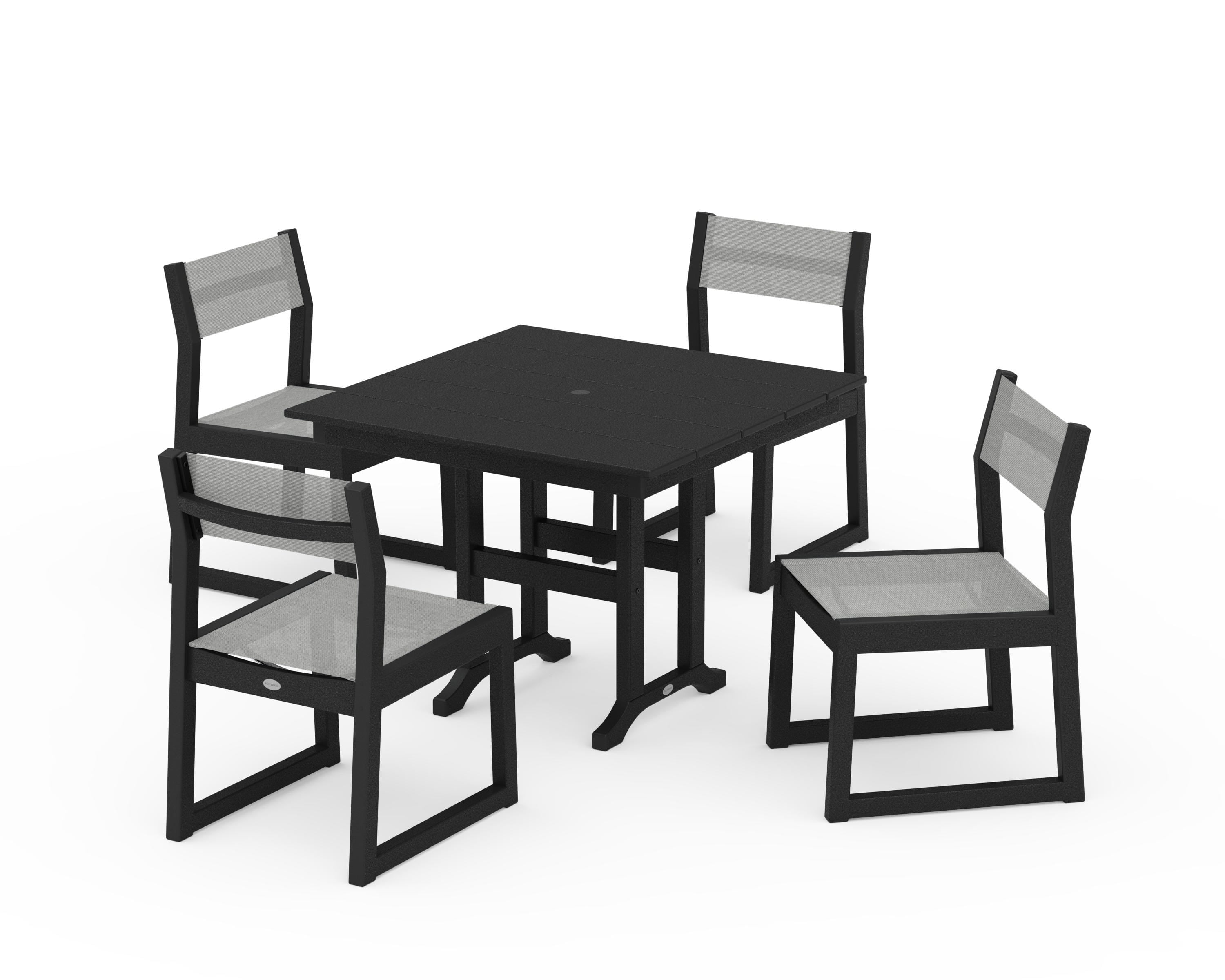 POLYWOOD EDGE Sling Side Chair 5-Piece Farmhouse Dining Set in Black / Metallic Sling