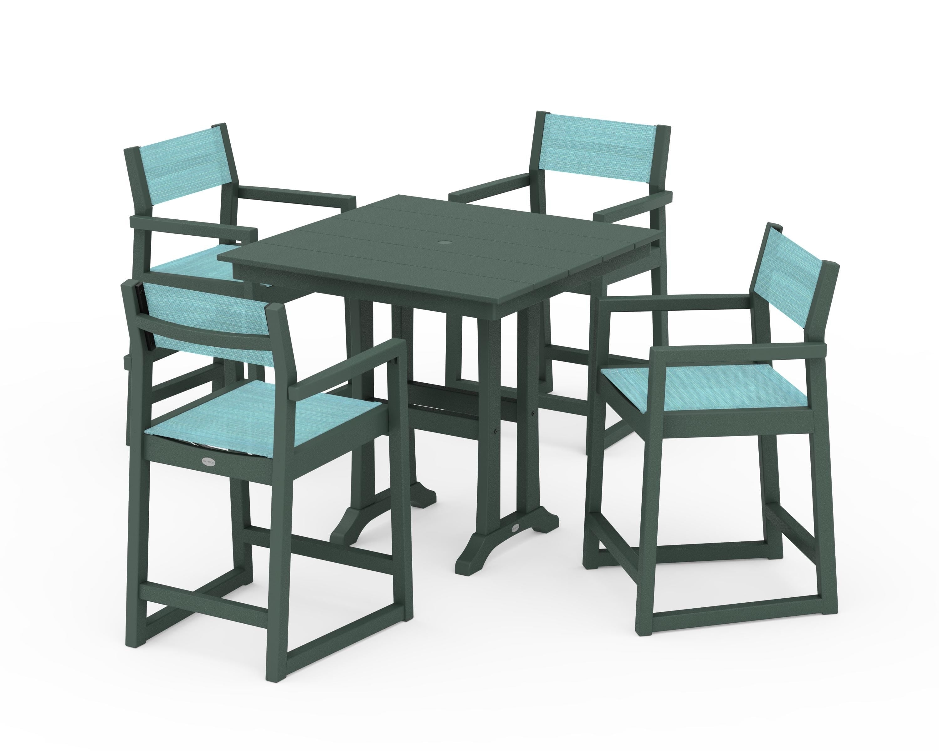 POLYWOOD EDGE Sling Arm Chair 5-Piece Farmhouse Counter Set with Trestle Legs in Green / Dupioni Aquamarine Sling