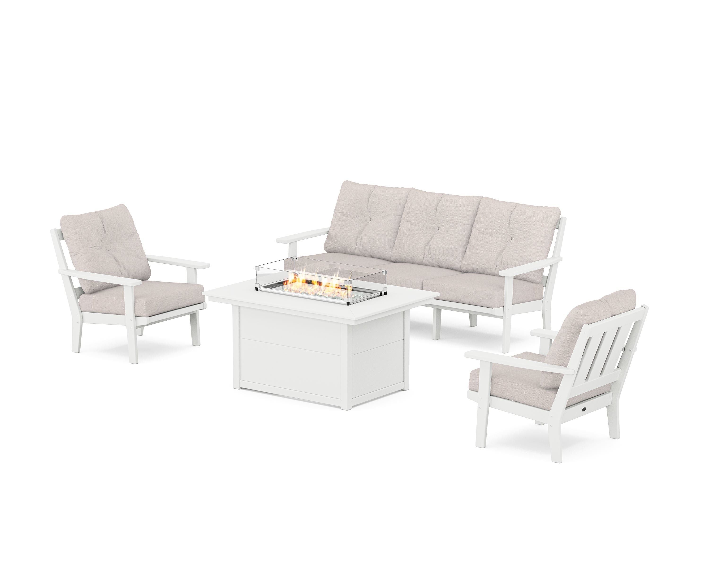 POLYWOOD Oxford Deep Seating Fire Pit Table Set in White / Dune Burlap