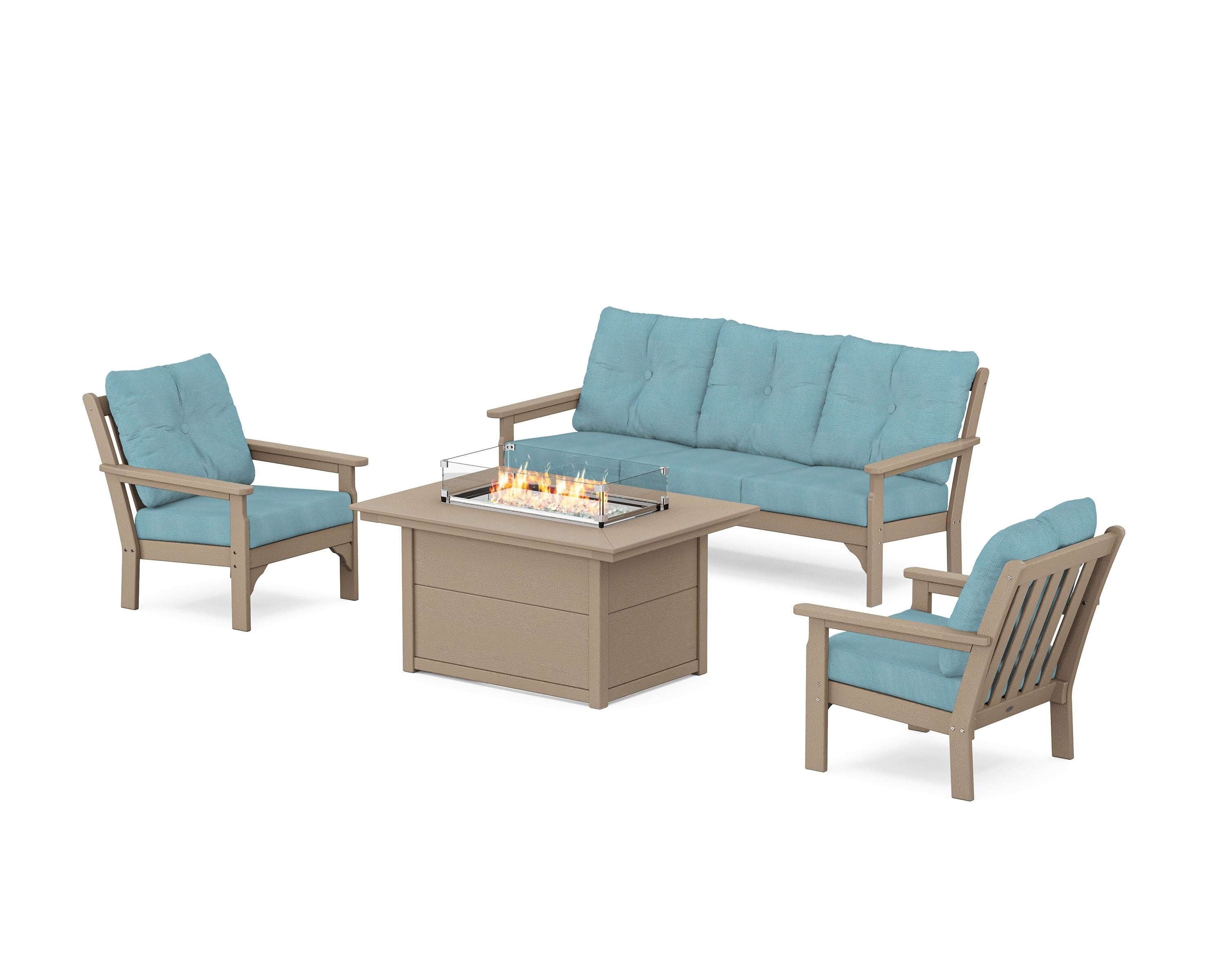 POLYWOOD Vineyard Deep Seating Fire Pit Table Set in Vintage Sahara / Lattice Sky Blue