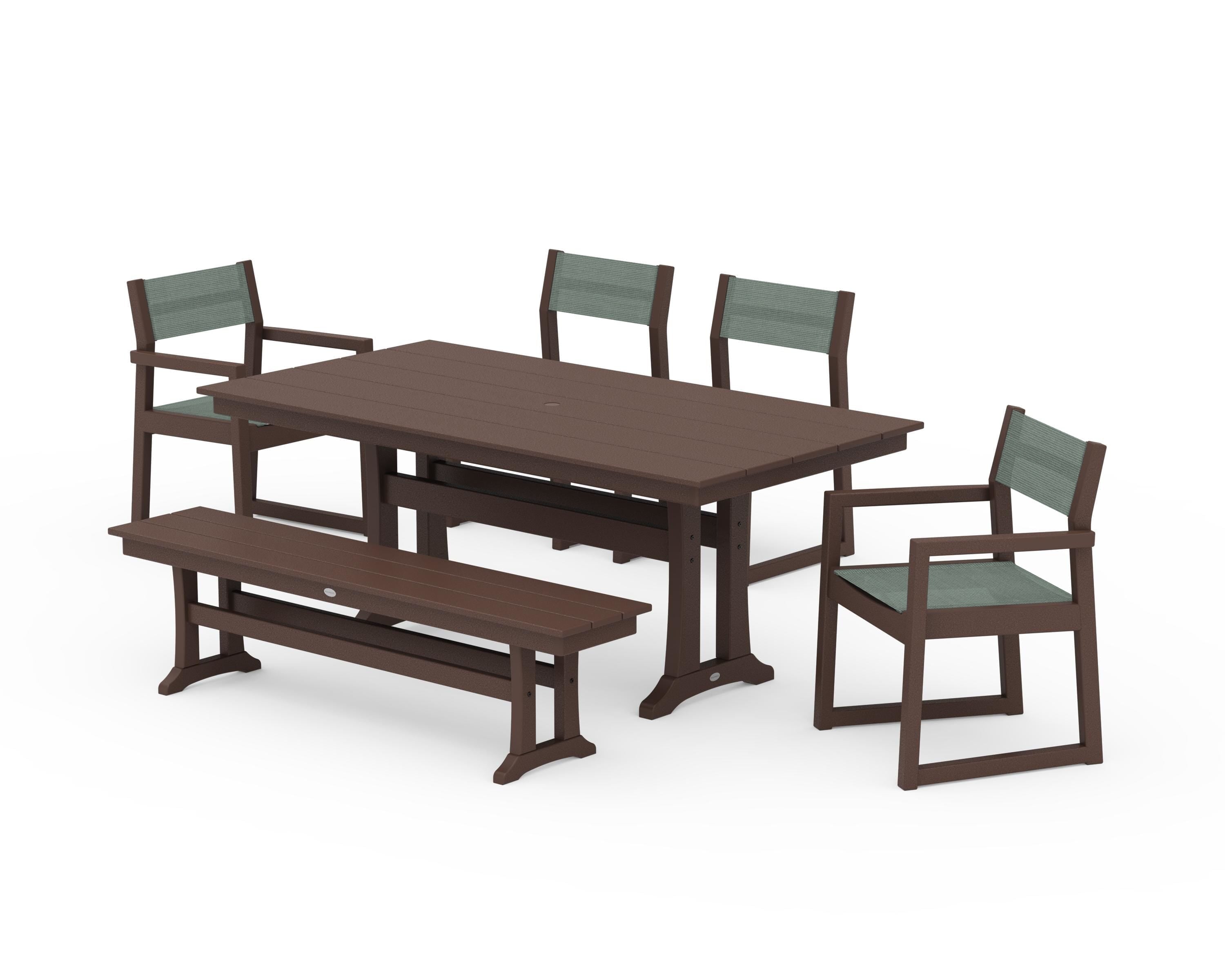 POLYWOOD EDGE Sling 6-Piece Farmhouse Dining Set With Trestle Legs in Mahogany / Dupioni Sea Mist Sling
