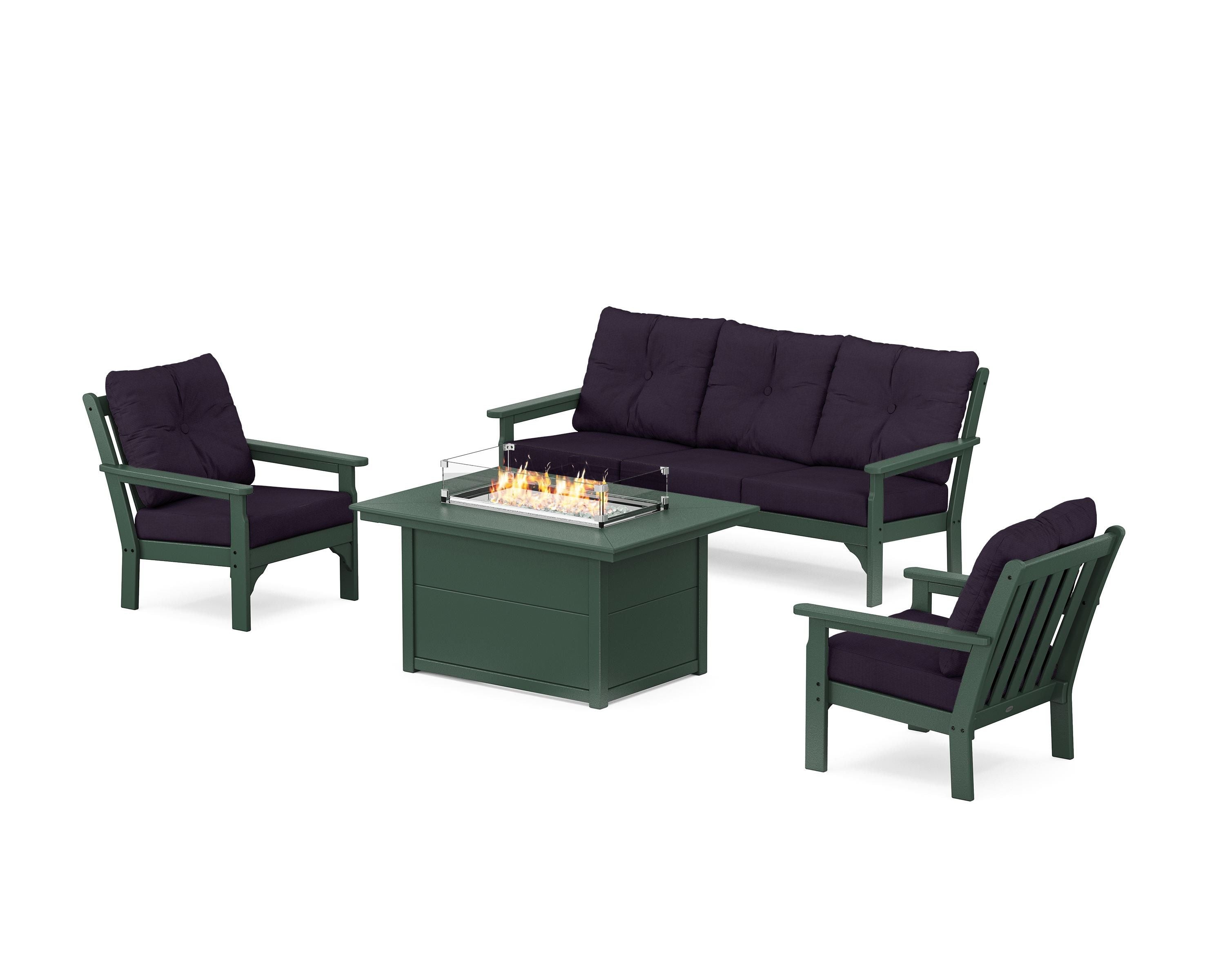 POLYWOOD Vineyard Deep Seating Fire Pit Table Set in Green / Navy Linen