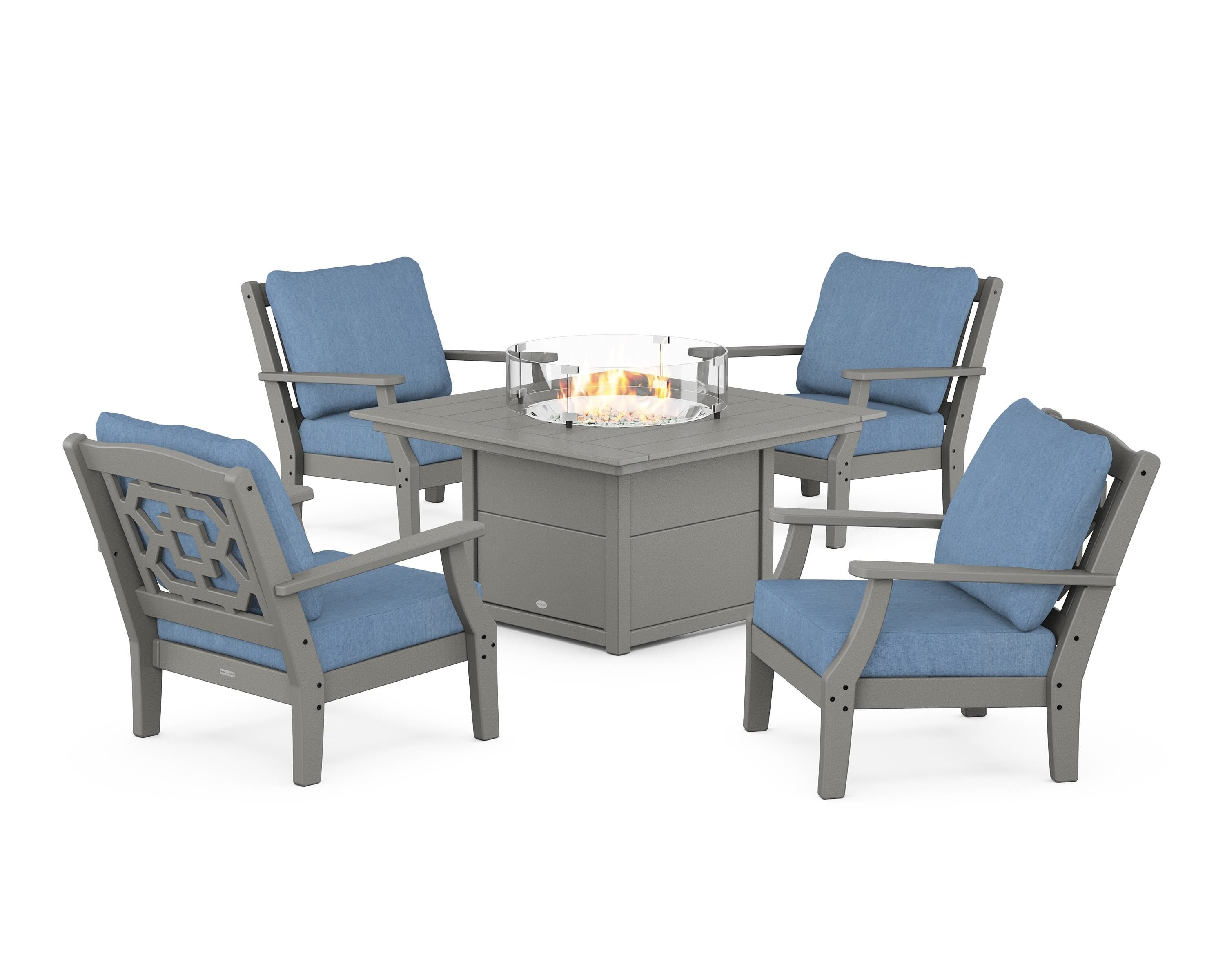 Martha Stewart by POLYWOOD Chinoiserie 5-Piece Deep Seating Set with Fire Pit Table in Slate Grey / Sky Blue