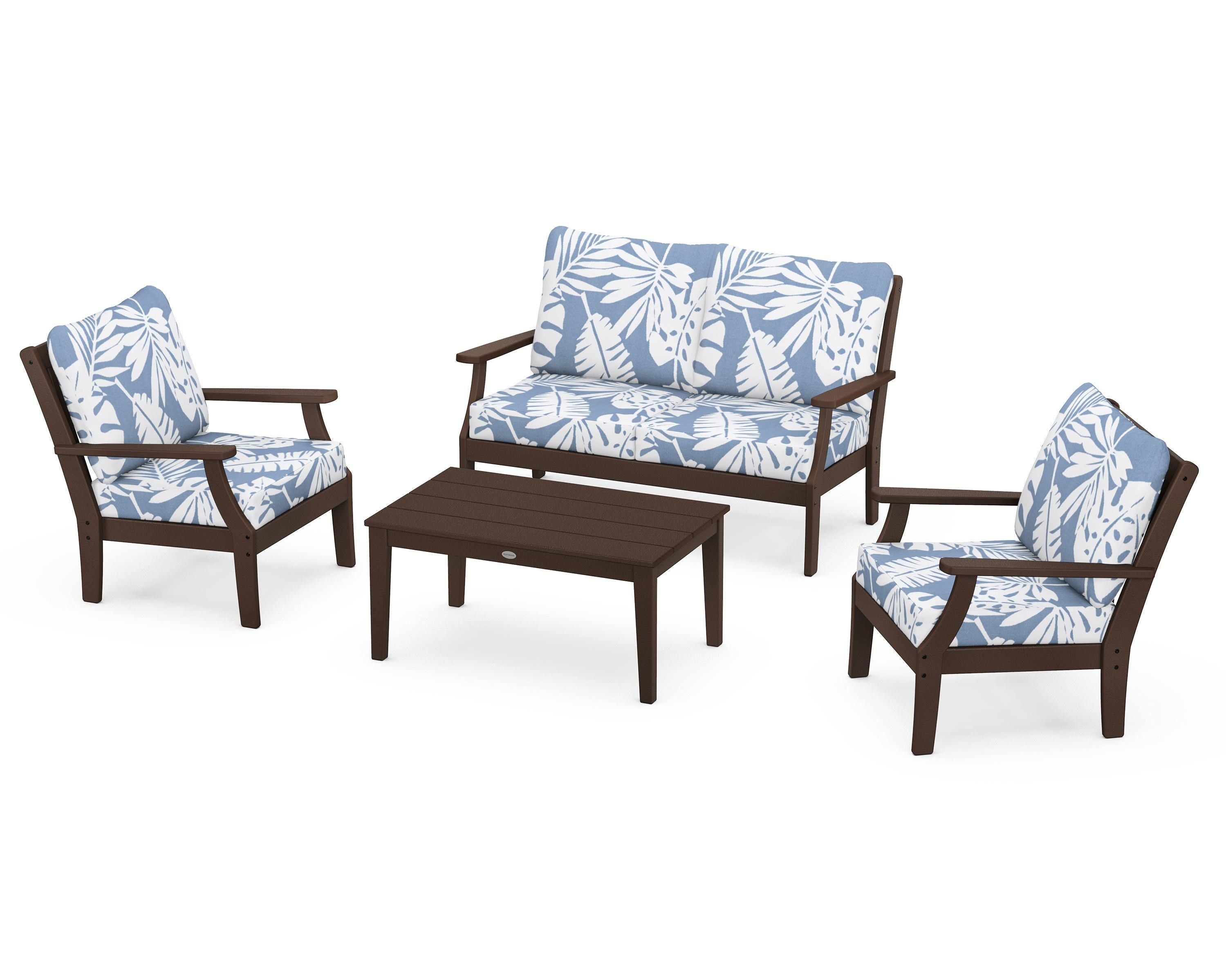 POLYWOOD Braxton 4-Piece Deep Seating Chair Set in Mahogany / Leaf Sky Blue