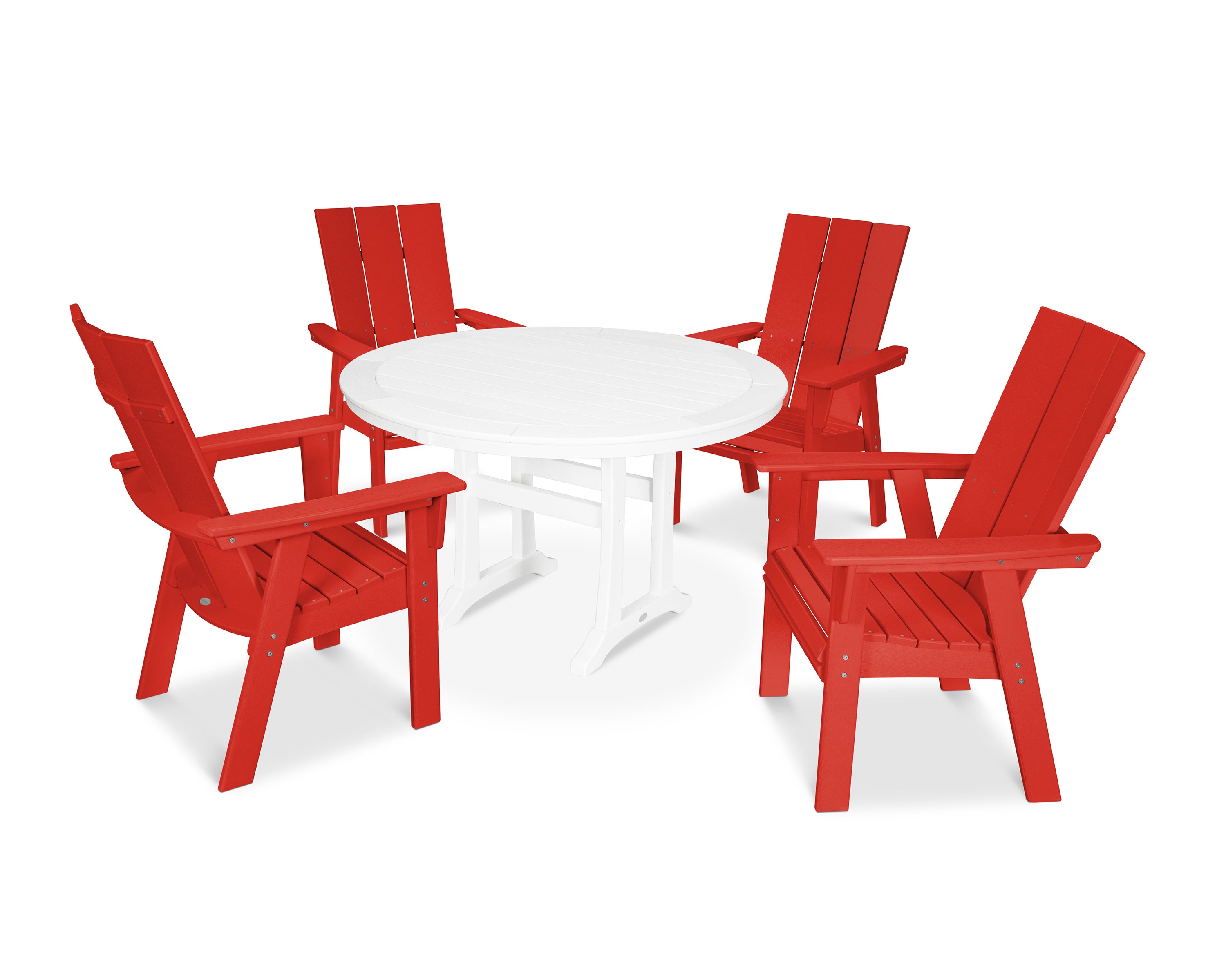 POLYWOOD® Modern Curveback Adirondack 5-Piece Nautical Trestle Dining Set in Sunset Red / White