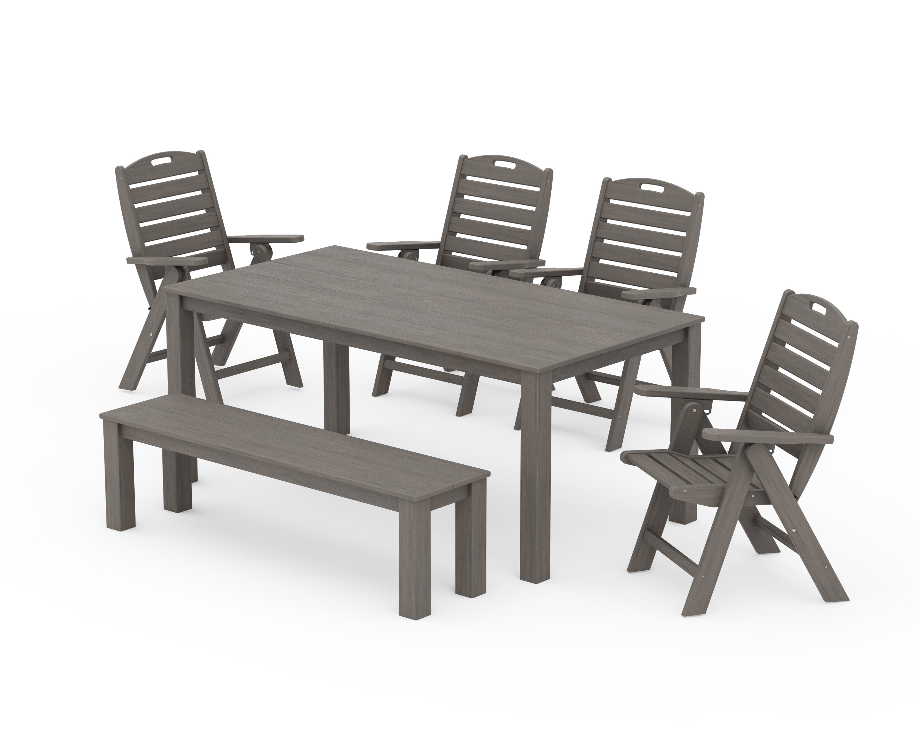 POLYWOOD Nautical Folding Highback Chair 6-Piece Parsons Dining Set with Bench in Driftwood