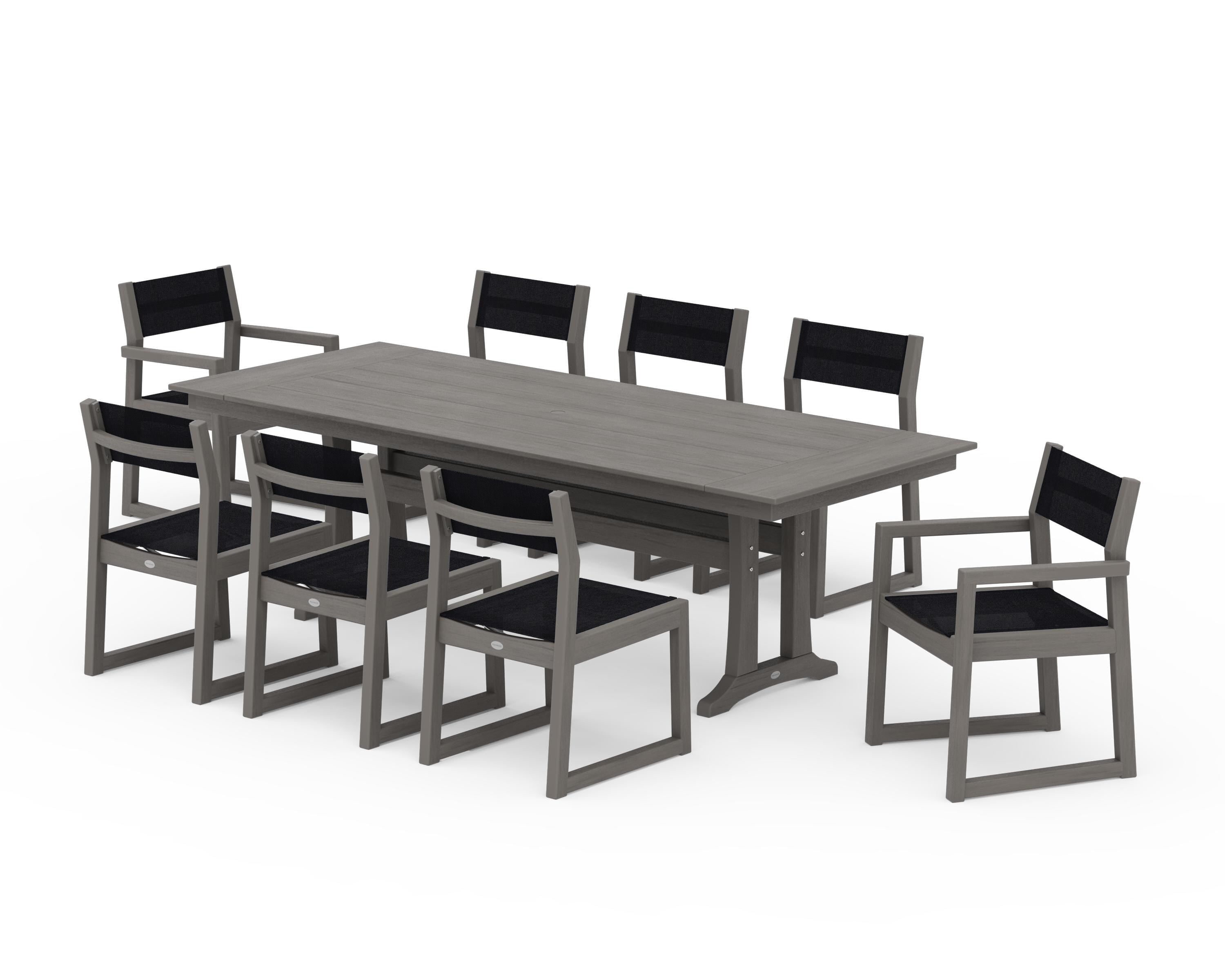 POLYWOOD EDGE Sling 9-Piece Farmhouse Trestle Dining Set in Driftwood / Black Sling