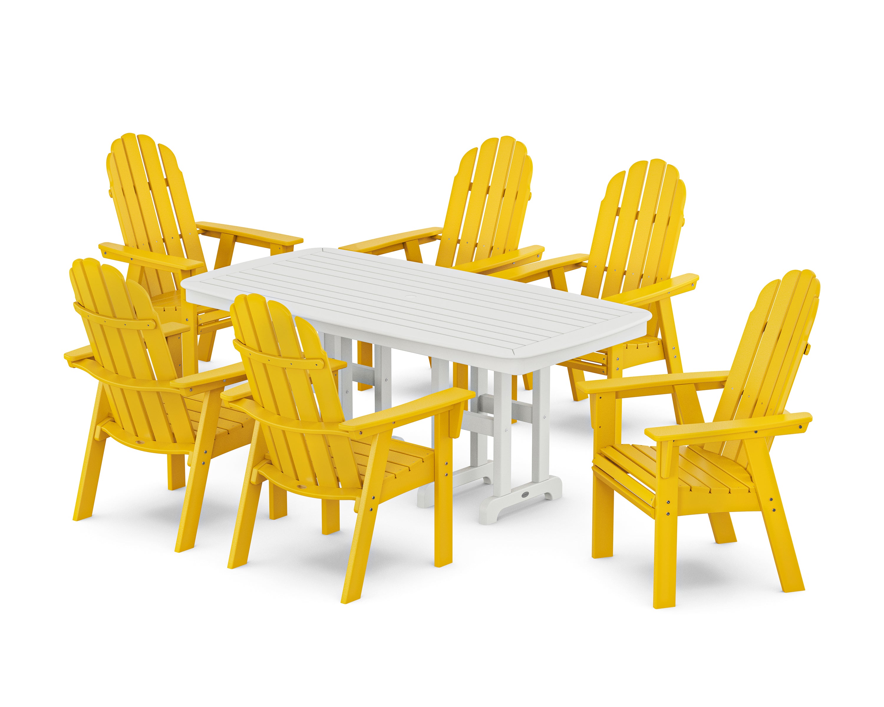 POLYWOOD Vineyard Curveback Adirondack Chair 7-Piece Dining Set in Lemon / White