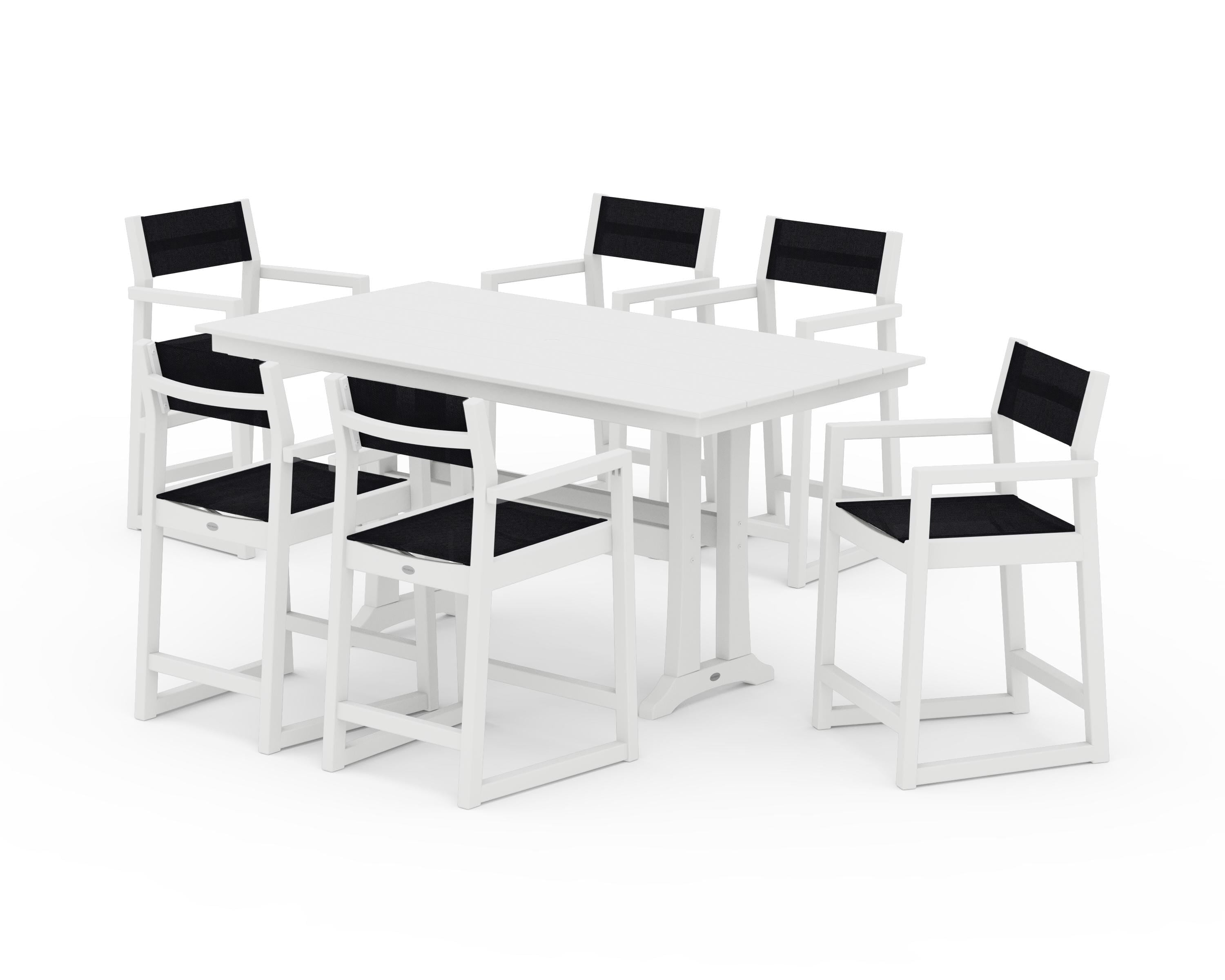 POLYWOOD EDGE Sling Arm Chair 7-Piece Farmhouse Counter Set with Trestle Legs in White / Black Sling