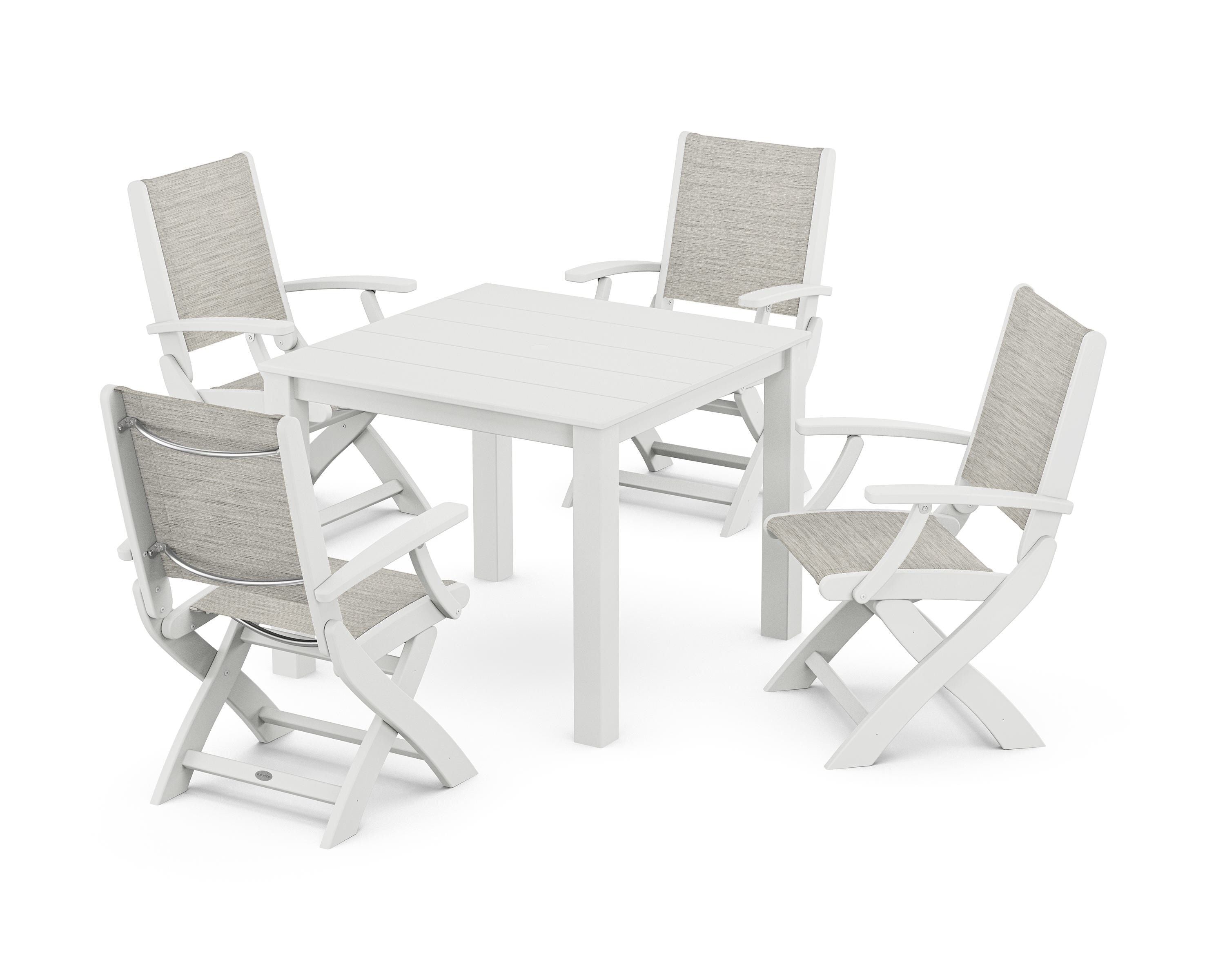 POLYWOOD Coastal Folding Chair 5-Piece Parsons Dining Set in White / Birch Sling