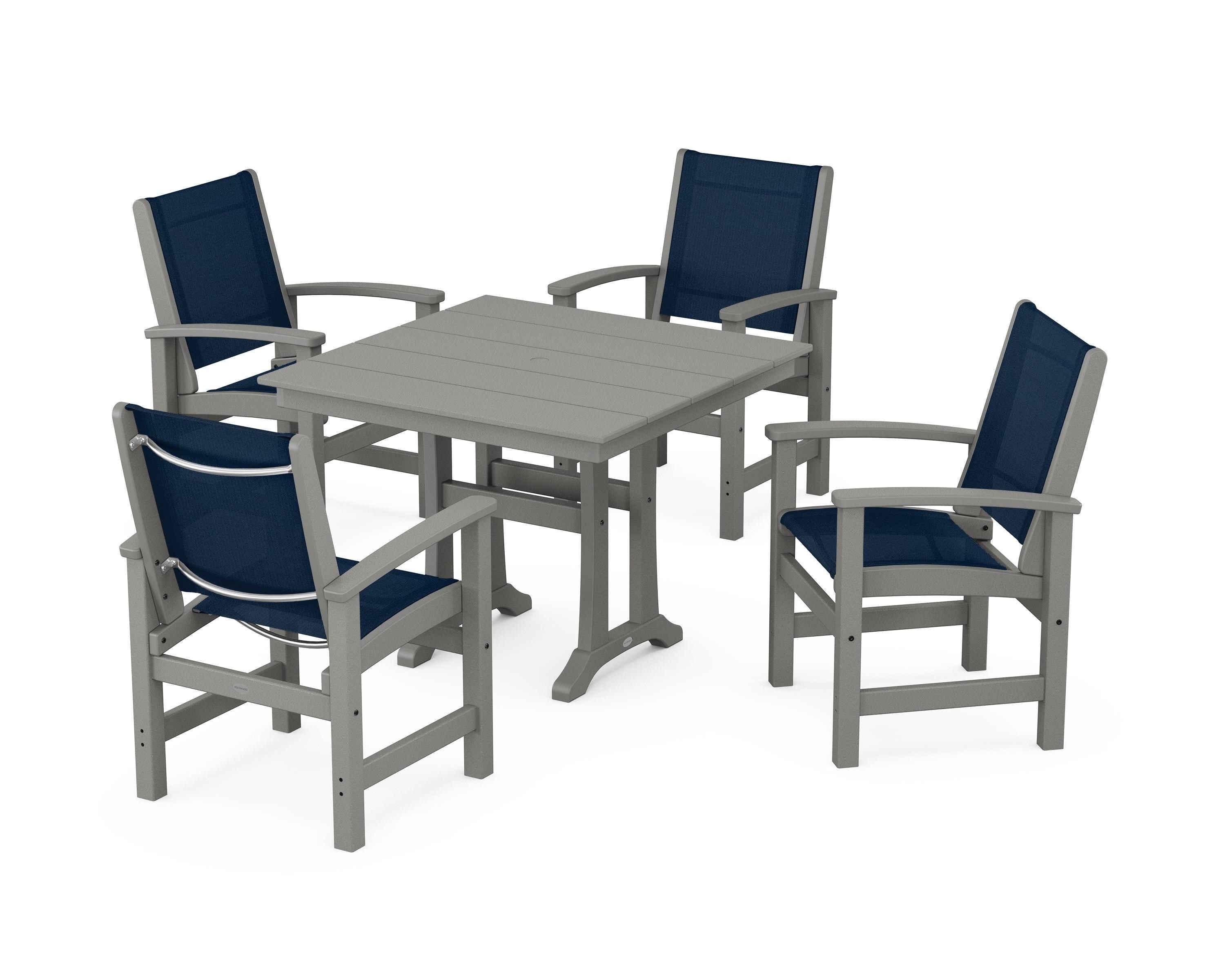 POLYWOOD Coastal 5-Piece Farmhouse Dining Set With Trestle Legs in Slate Grey / Navy Blue Sling