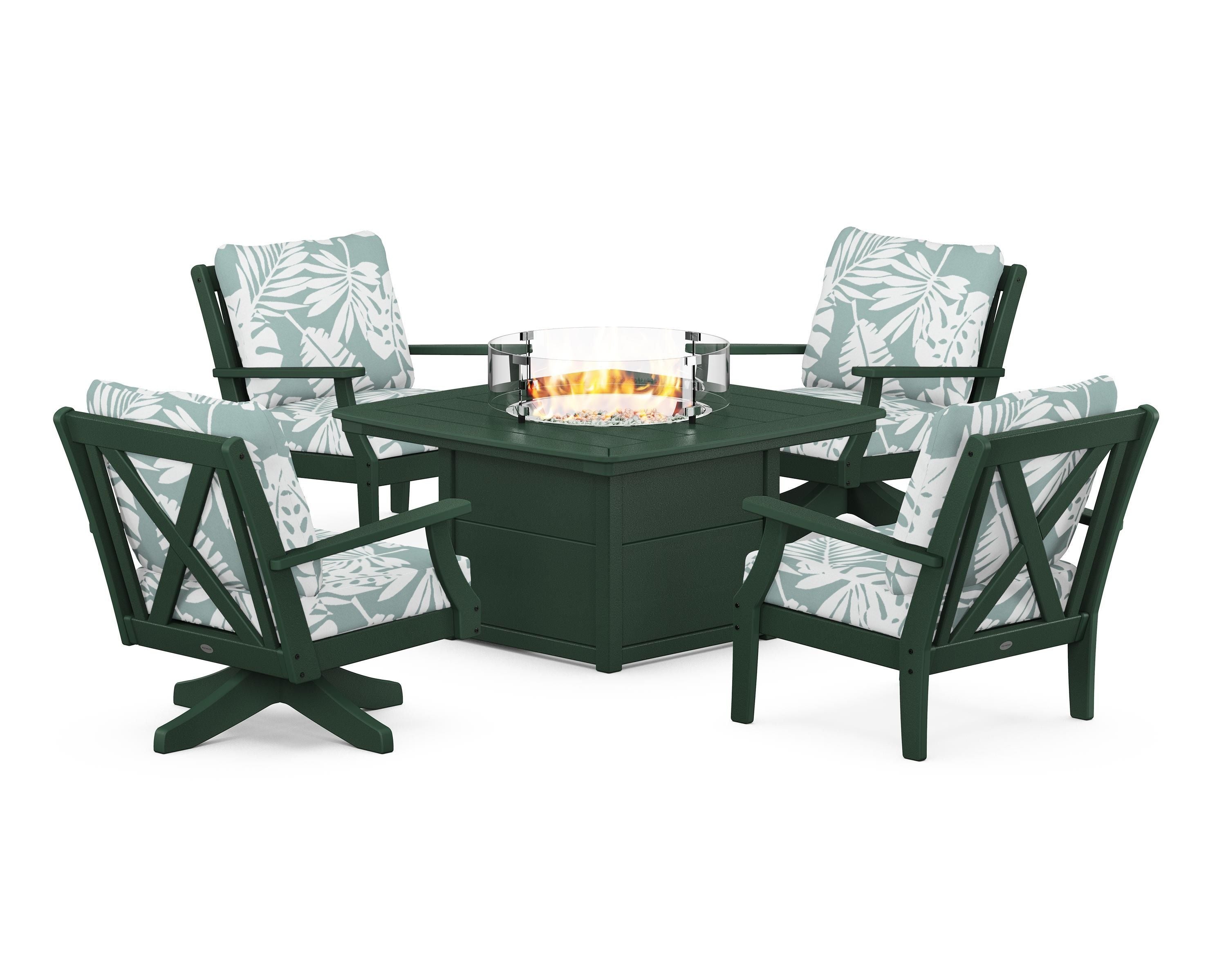 POLYWOOD Braxton 5-Piece Deep Seating Set with Fire Table in Green / Leaf Glacier Spa