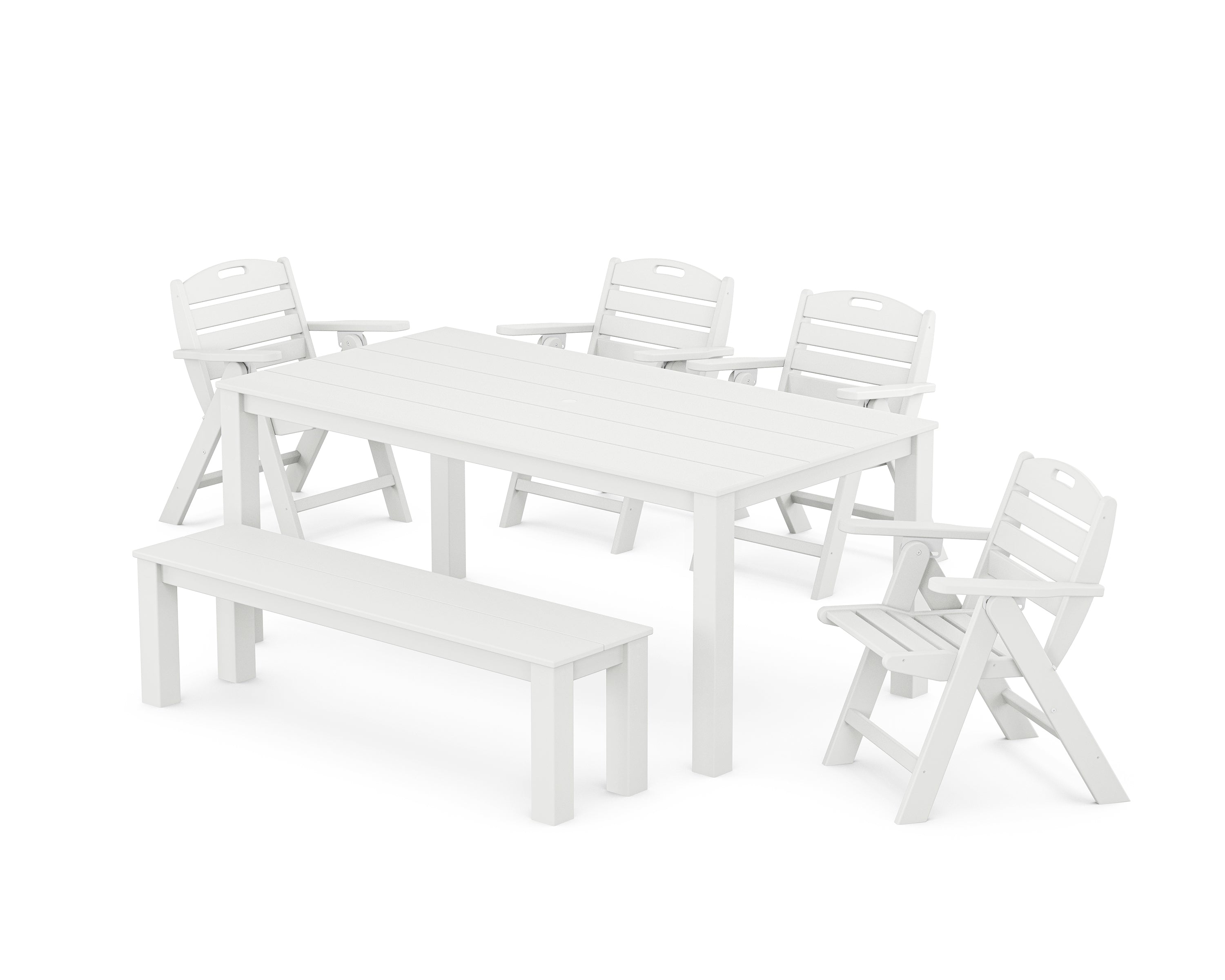 POLYWOOD Nautical Folding Lowback Chair 6-Piece Parsons Dining Set with Bench in White