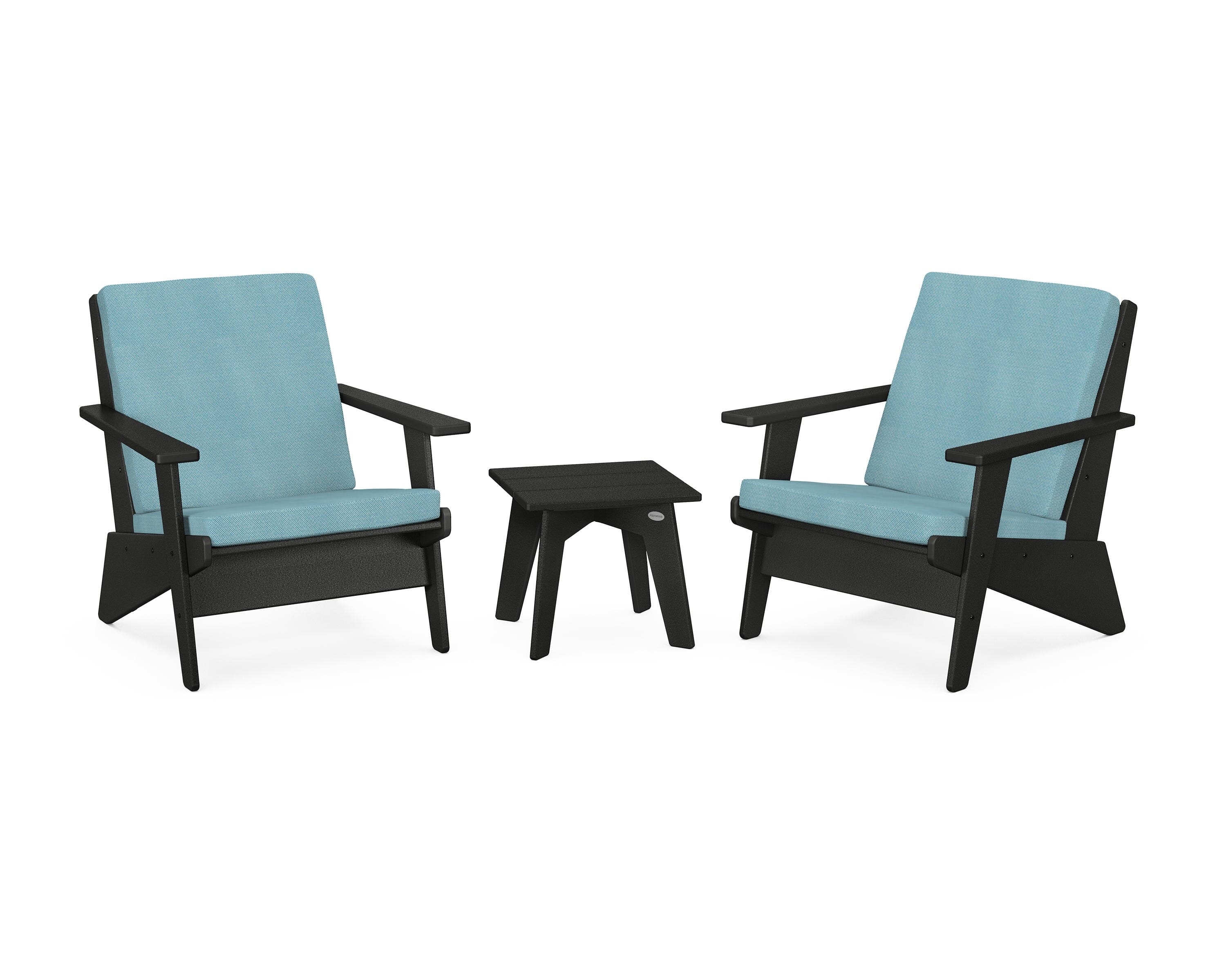 POLYWOOD Riviera Modern Lounge 3-Piece Set in Black / Lattice Sky Blue