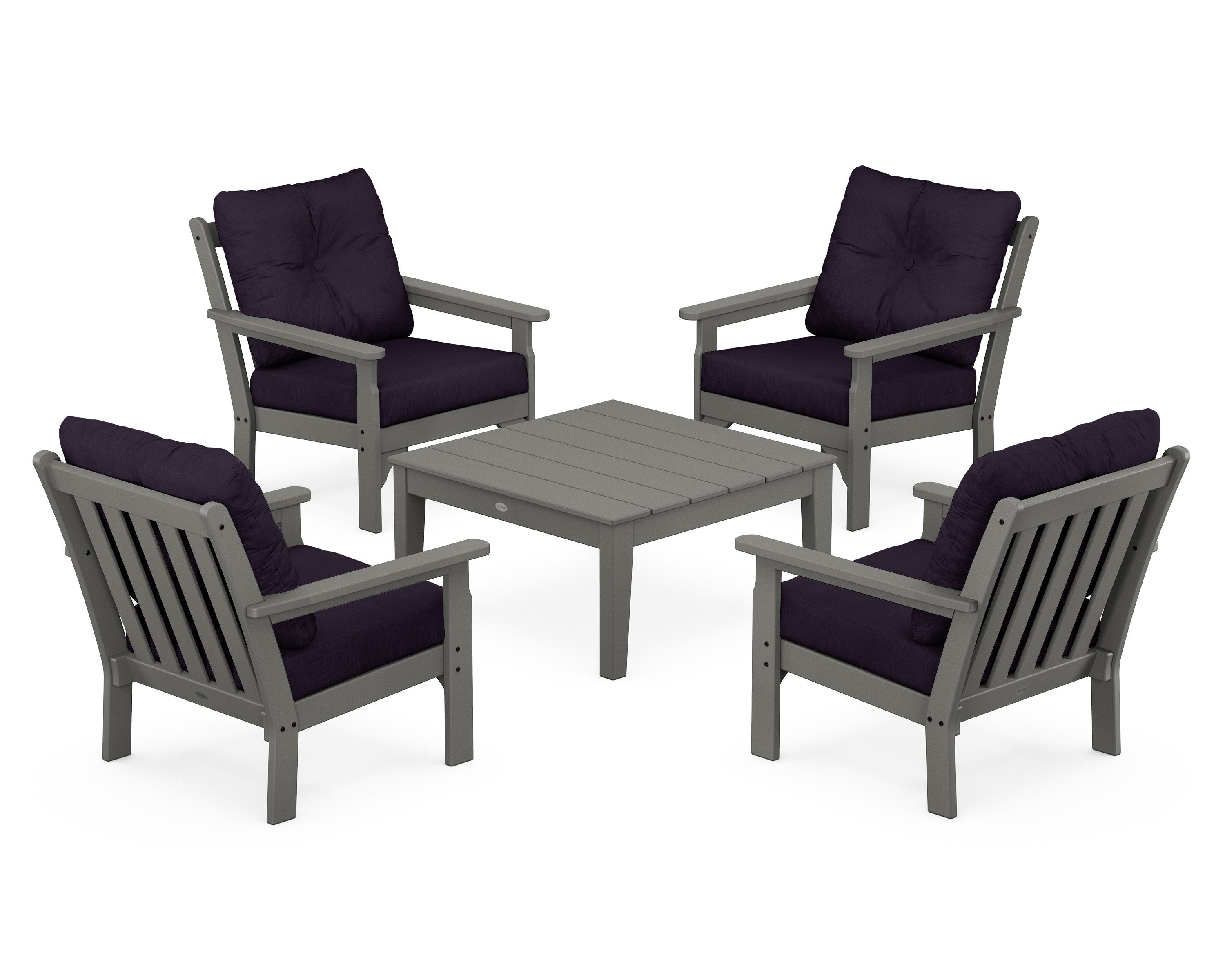 POLYWOOD Vineyard 5-Piece Deep Seating Conversation Set in Slate Grey / Navy Linen