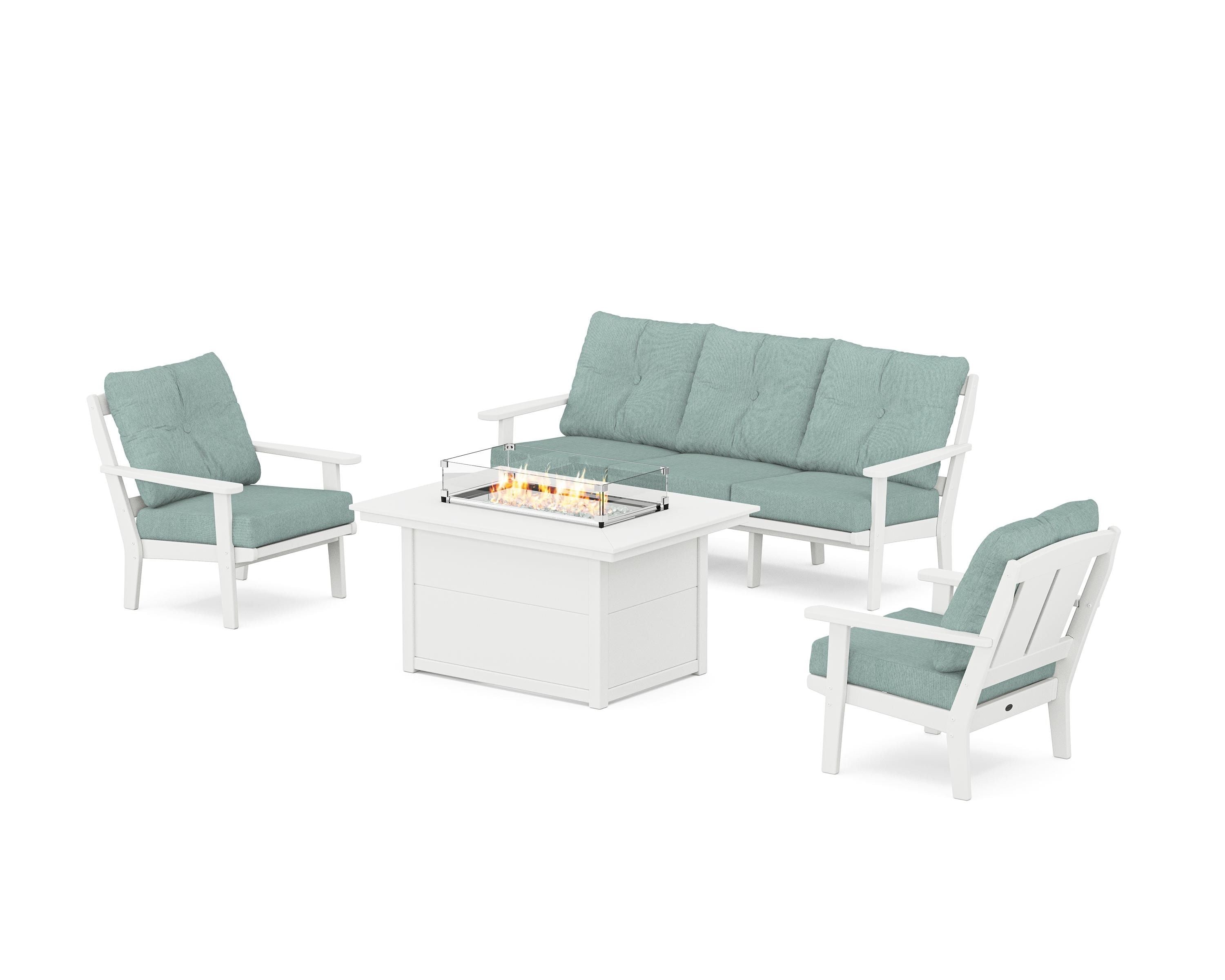 POLYWOOD Mission Deep Seating Fire Pit Table Set in White / Glacier Spa