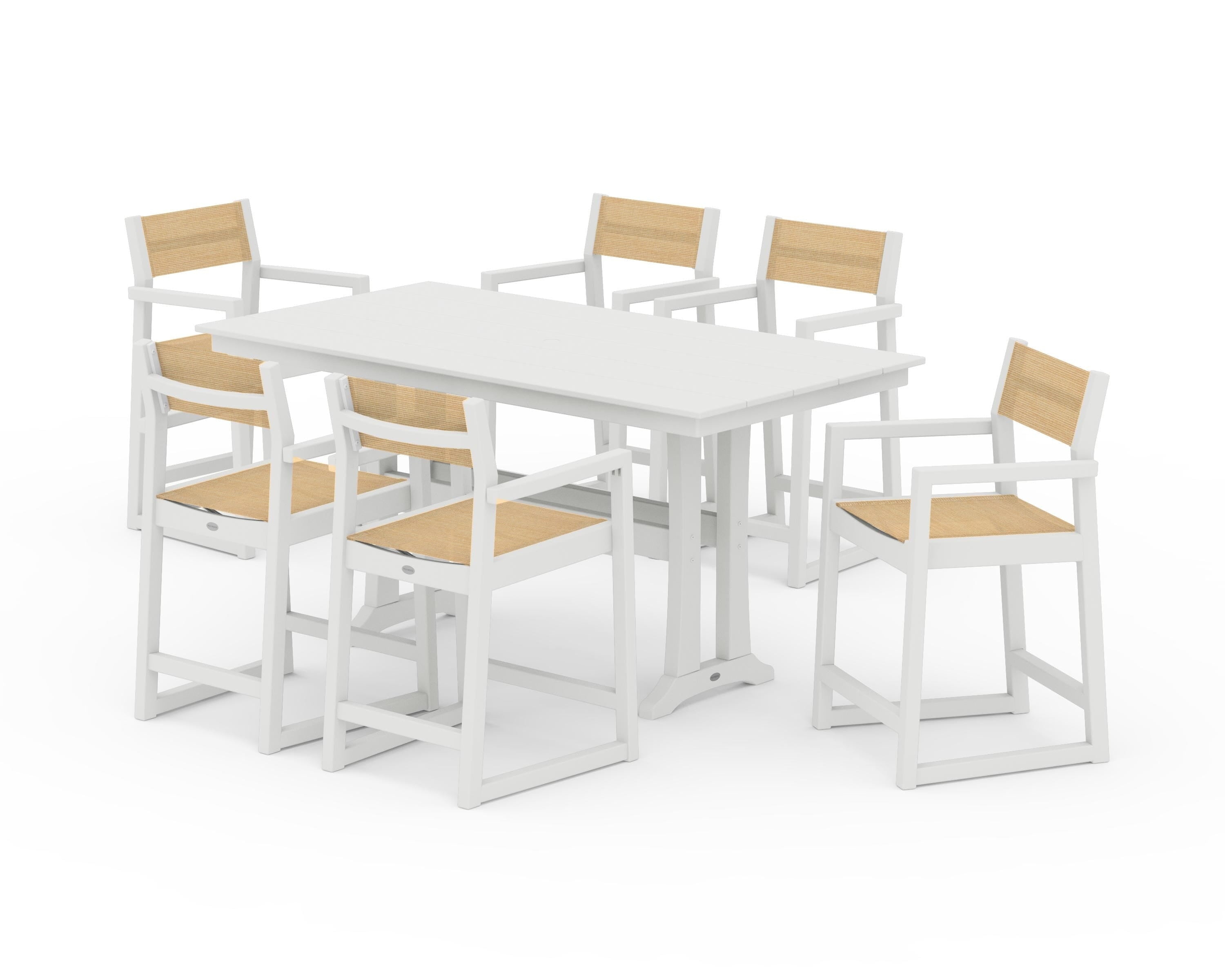 POLYWOOD EDGE Sling Arm Chair 7-Piece Farmhouse Counter Set with Trestle Legs in Vintage White / Dupioni Apricot Sling