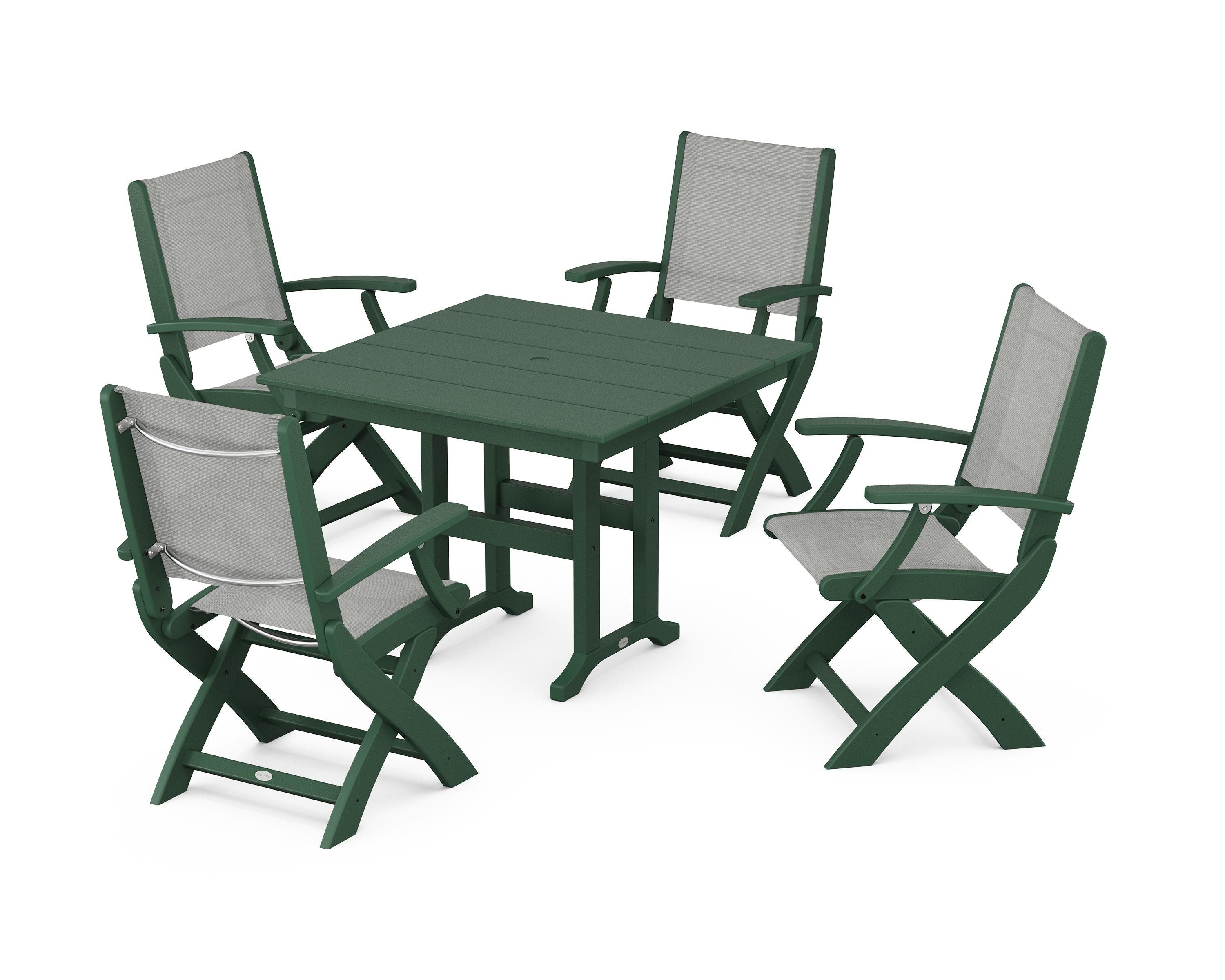 POLYWOOD Coastal Folding Chair 5-Piece Farmhouse Dining Set in Green / Metallic Sling