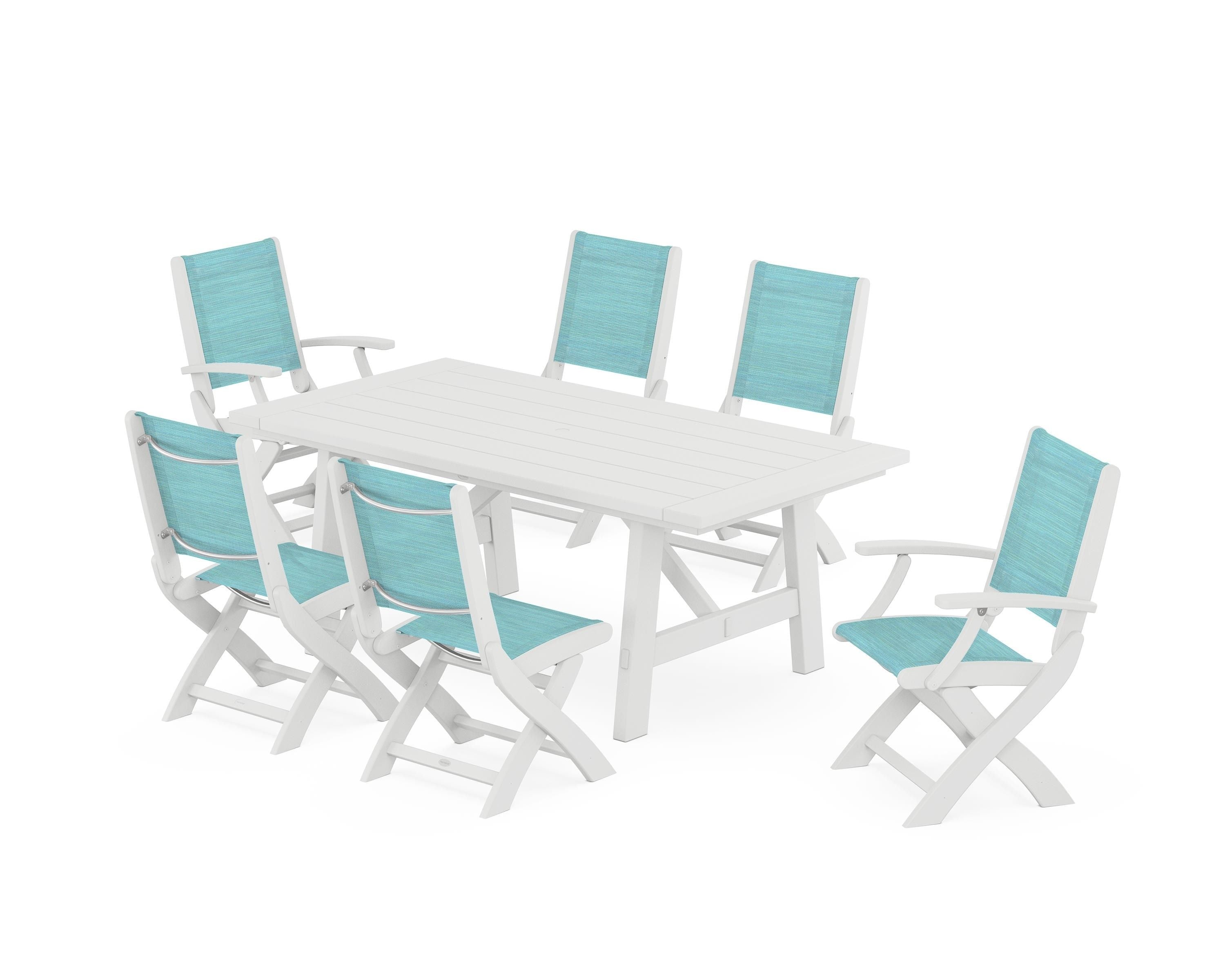 POLYWOOD Coastal Folding Chair 7-Piece Rustic Farmhouse Dining Set in White / Dupioni Aquamarine Sling
