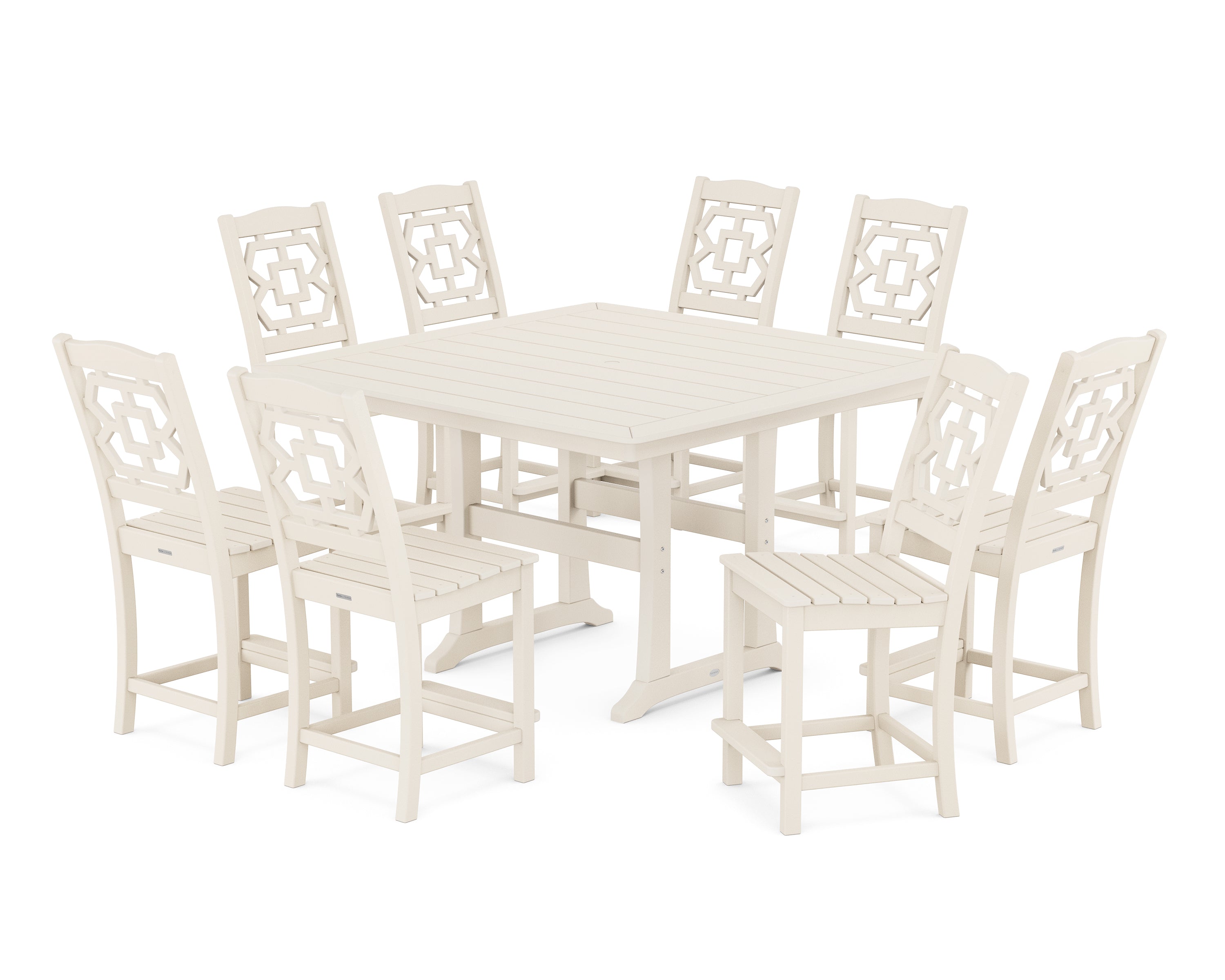 Martha Stewart by POLYWOOD Chinoiserie 9-Piece Square Side Chair Counter Set with Trestle Legs in Sand