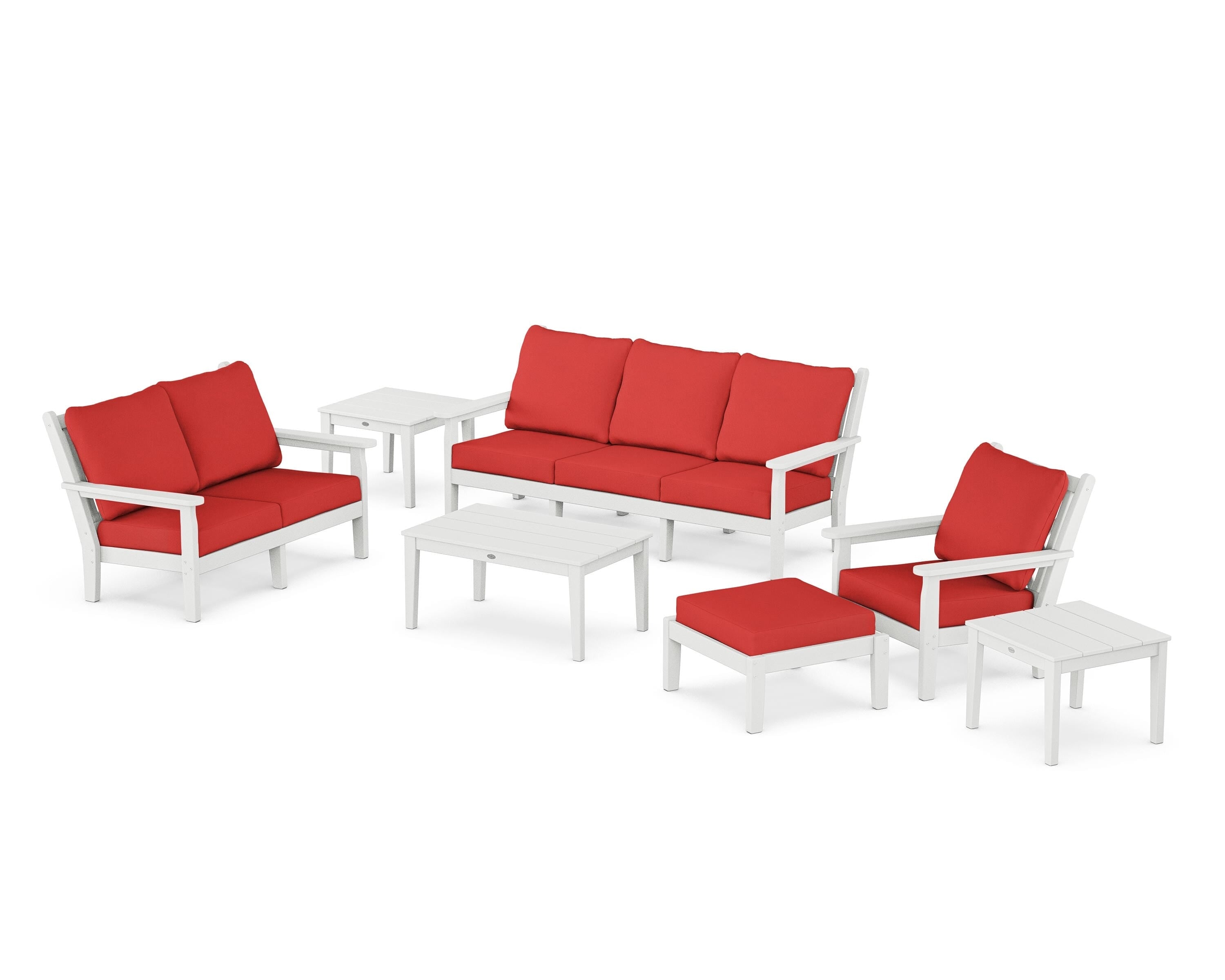 POLYWOOD Chippendale 7-Piece Deep Seating Set in White / Crimson Linen