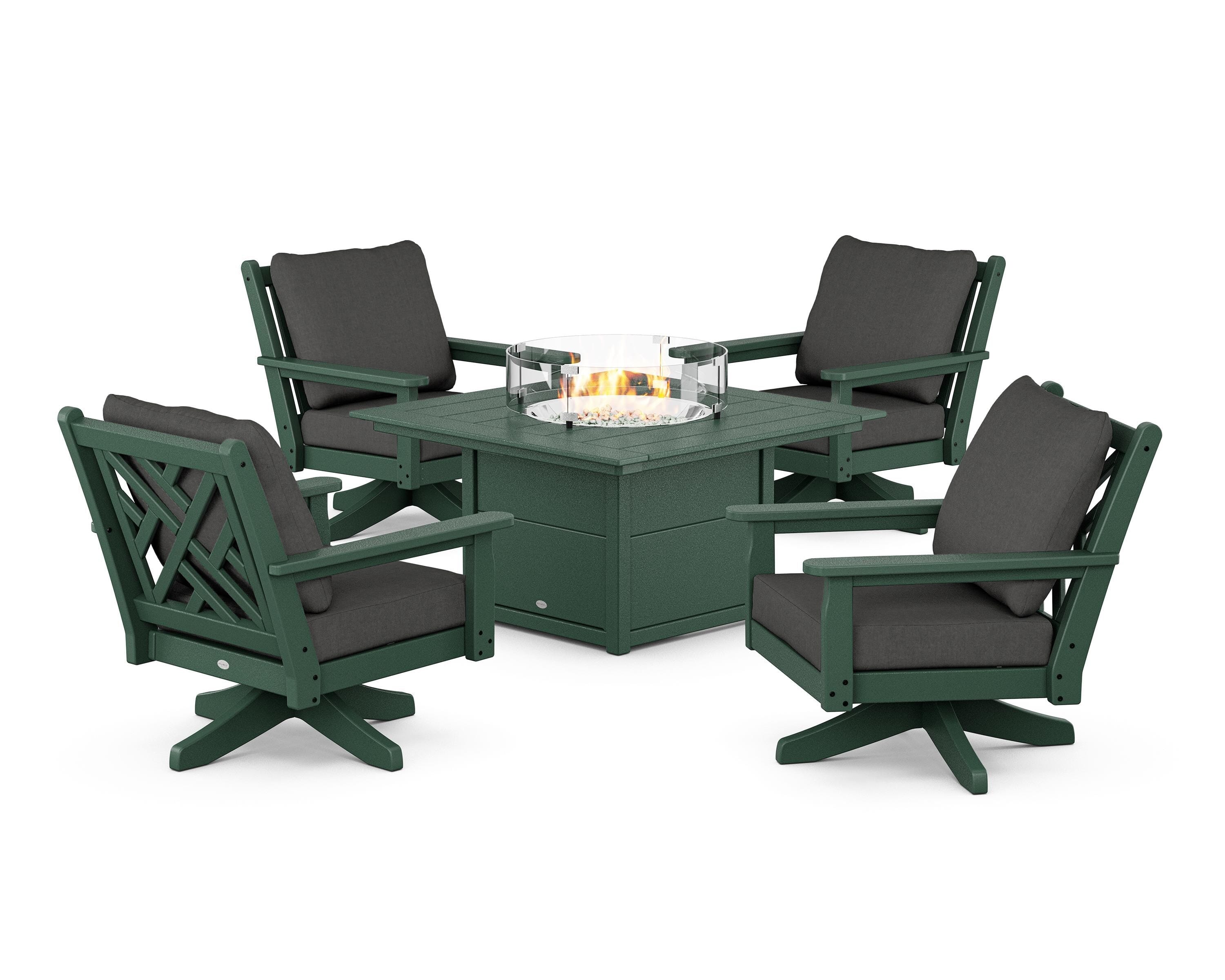 POLYWOOD Chippendale 5-Piece Deep Seating Swivel Conversation Set with Fire Pit Table in Green / Spectrum Carbon