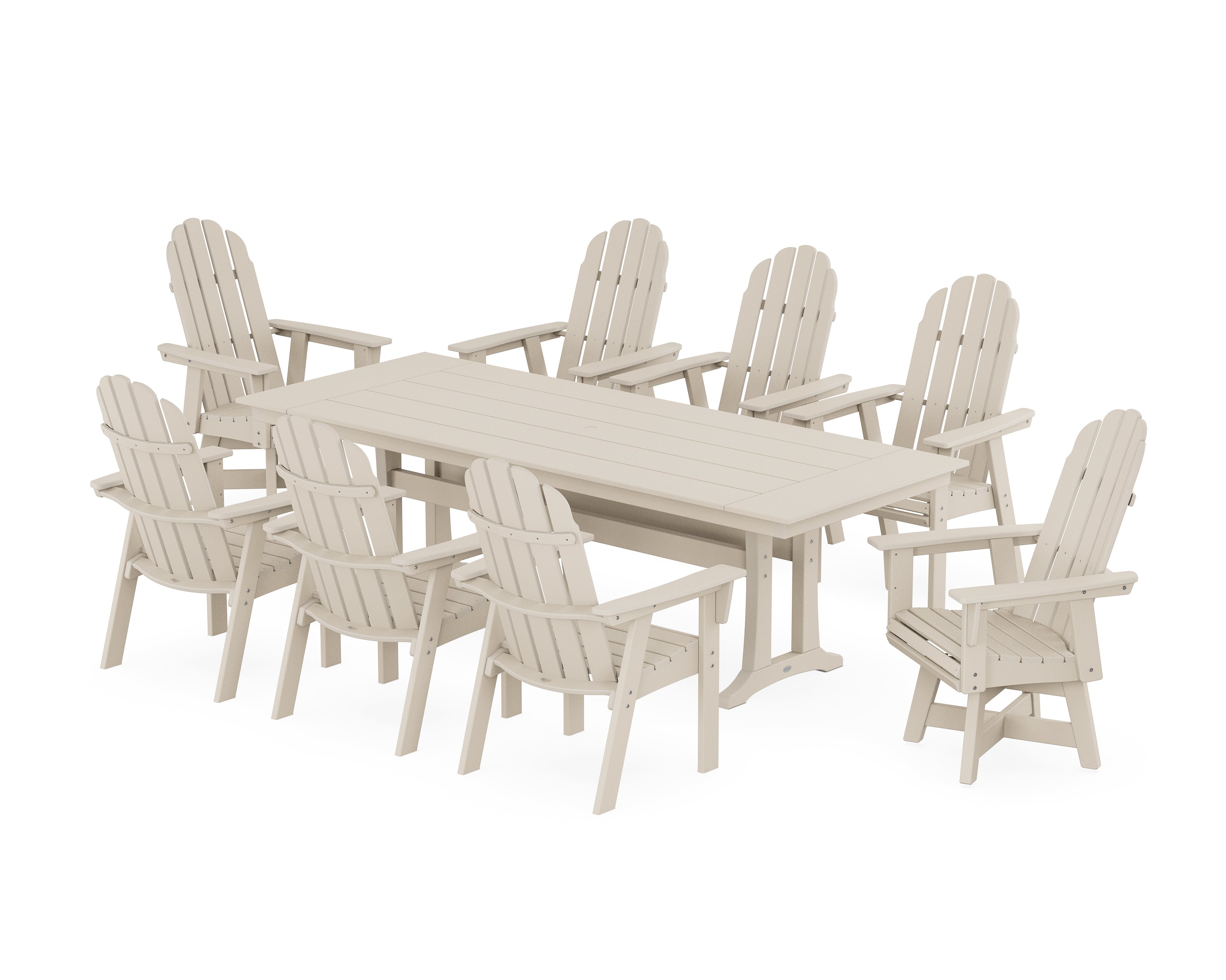 POLYWOOD® Vineyard 9-Piece Curveback Adirondack Swivel Farmhouse Dining Set with Trestle Legs in Sand