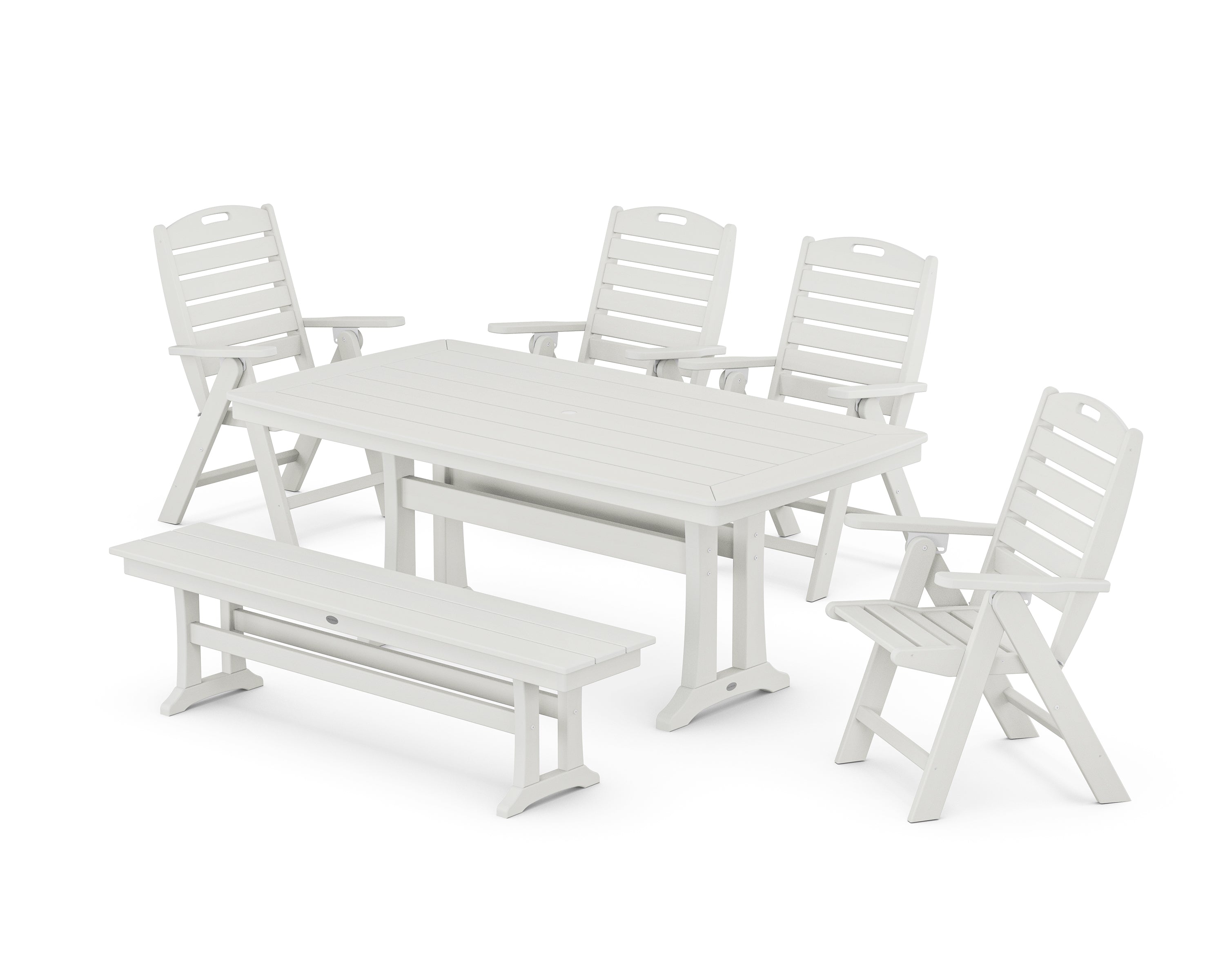 POLYWOOD Nautical Highback 6-Piece Dining Set with Trestle Legs and Bench in Vintage White