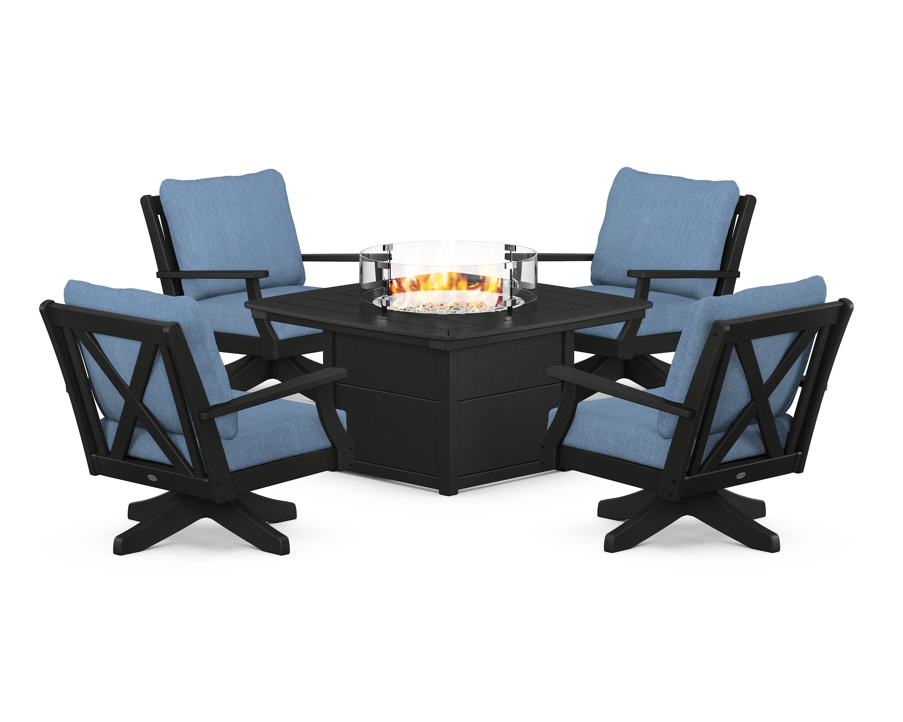 POLYWOOD Braxton 5-Piece Deep Seating Swivel Conversation Set with Fire Pit Table in Black / Sky Blue