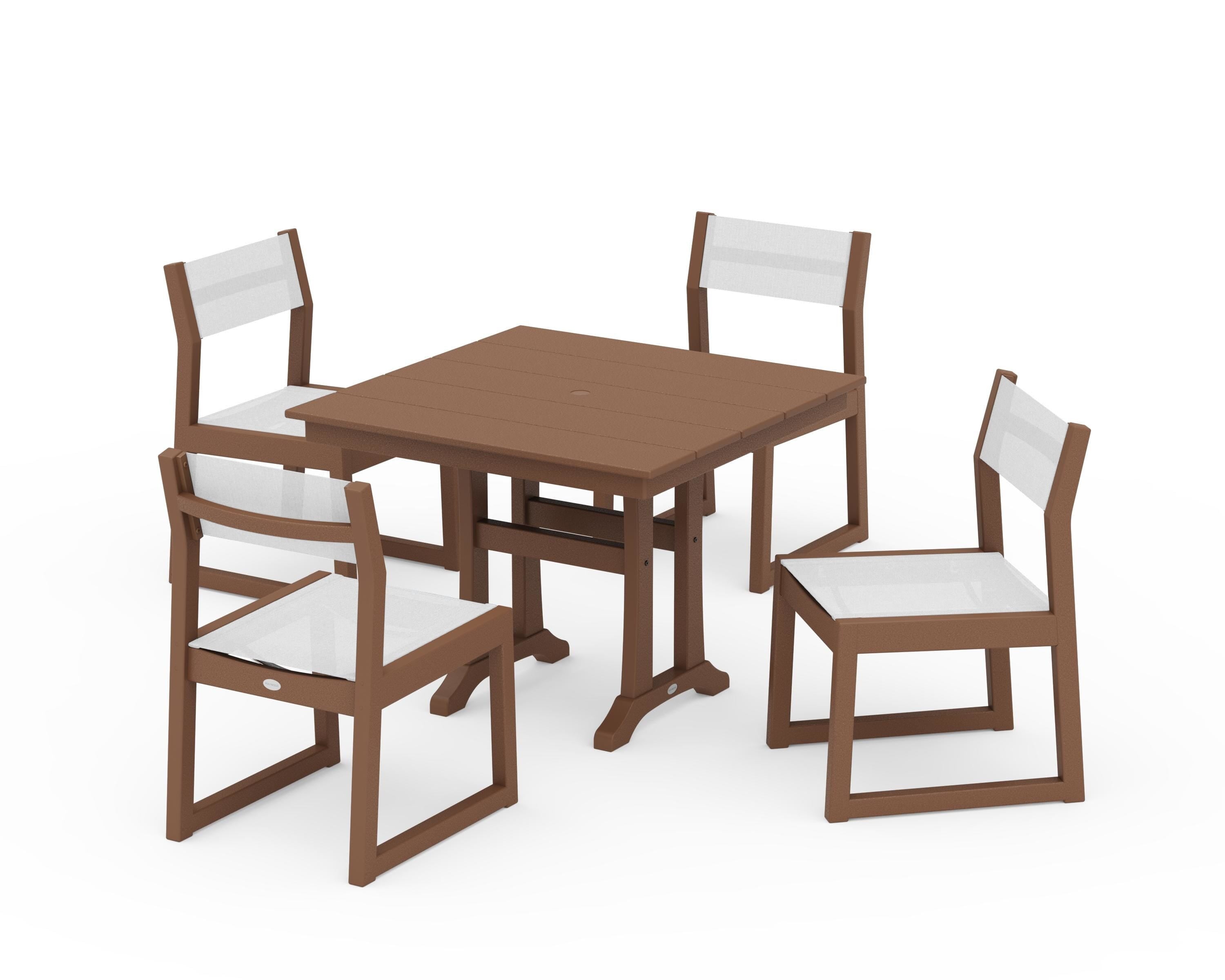 POLYWOOD EDGE Sling 5-Piece Farmhouse Trestle Side Chair Dining Set in Teak / White Sling