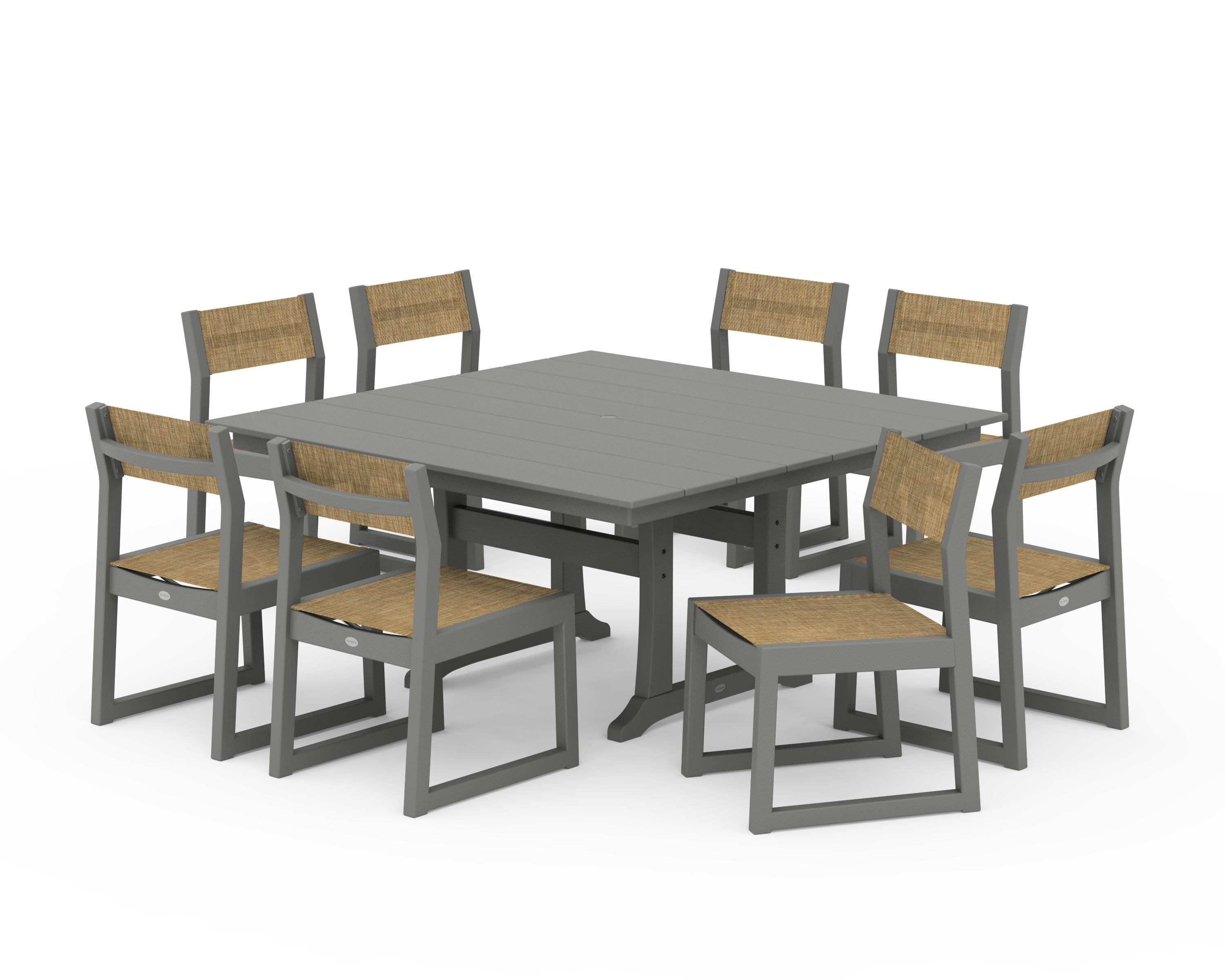POLYWOOD EDGE Sling Side Chair 9-Piece Farmhouse Trestle Dining Set in Slate Grey / Burlap Sling