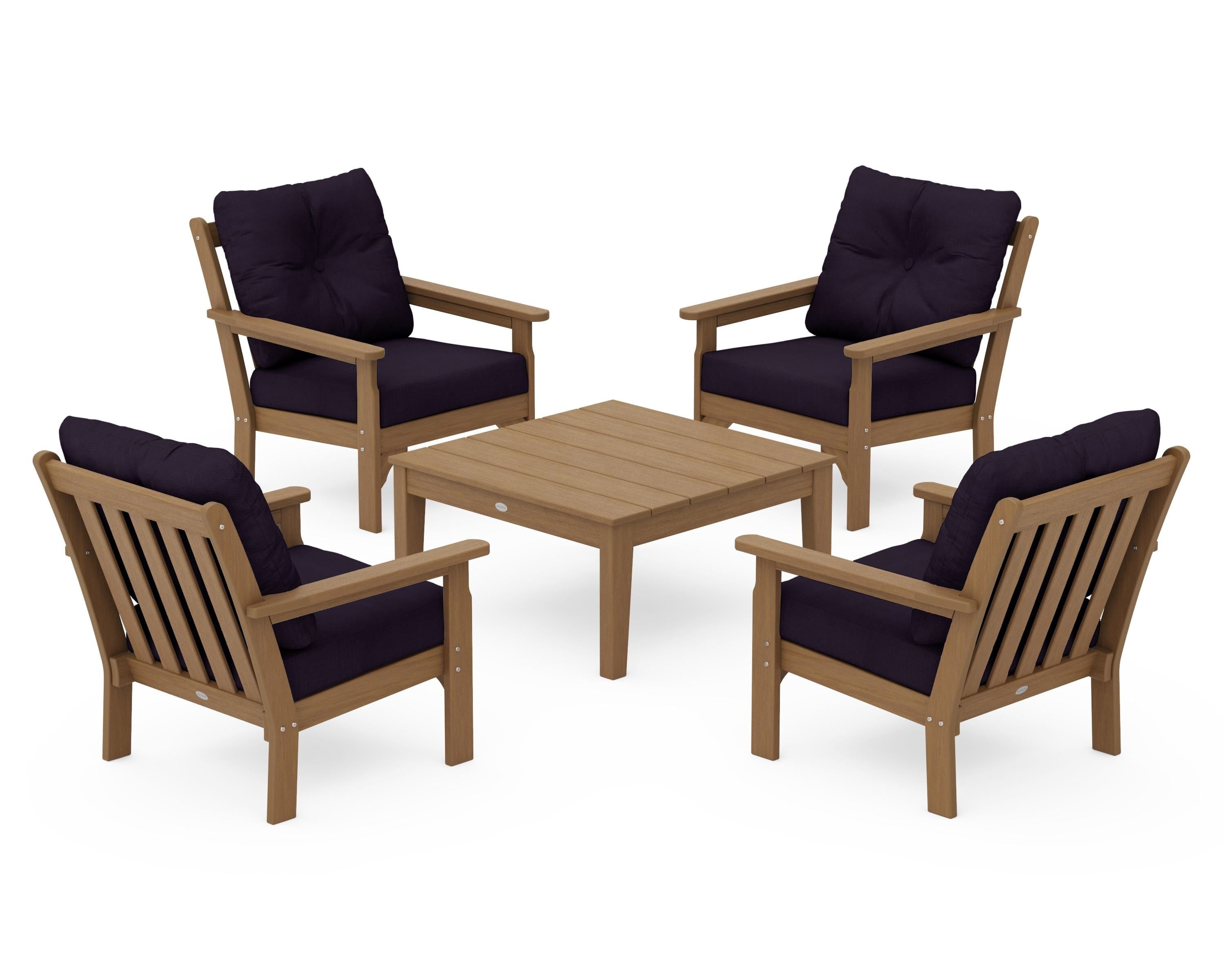 POLYWOOD Vineyard 5-Piece Deep Seating Conversation Set in Natural / Navy Linen