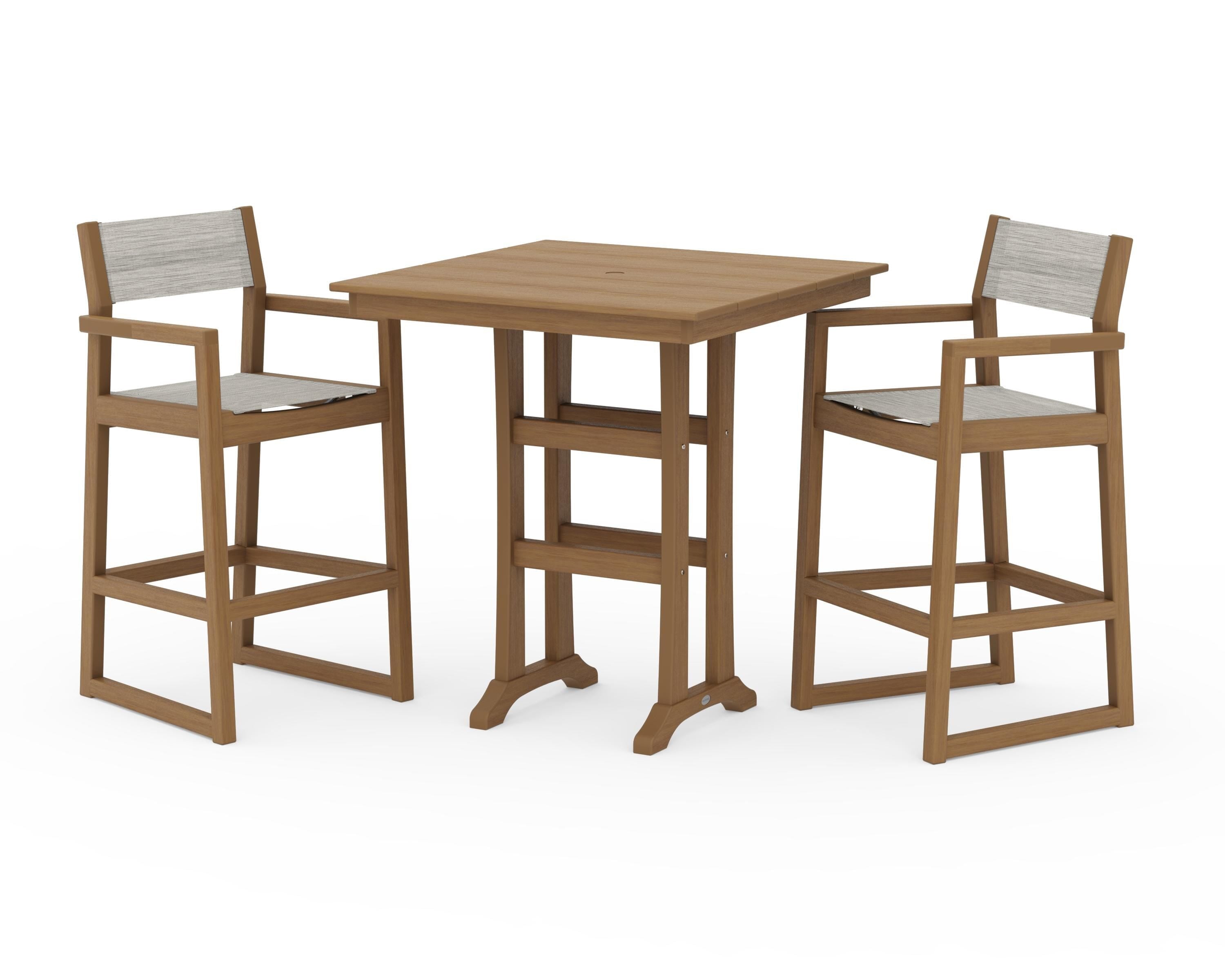 POLYWOOD EDGE Sling Arm Chair 3-Piece Farmhouse Bar Set with Trestle Legs in Natural / Birch Sling