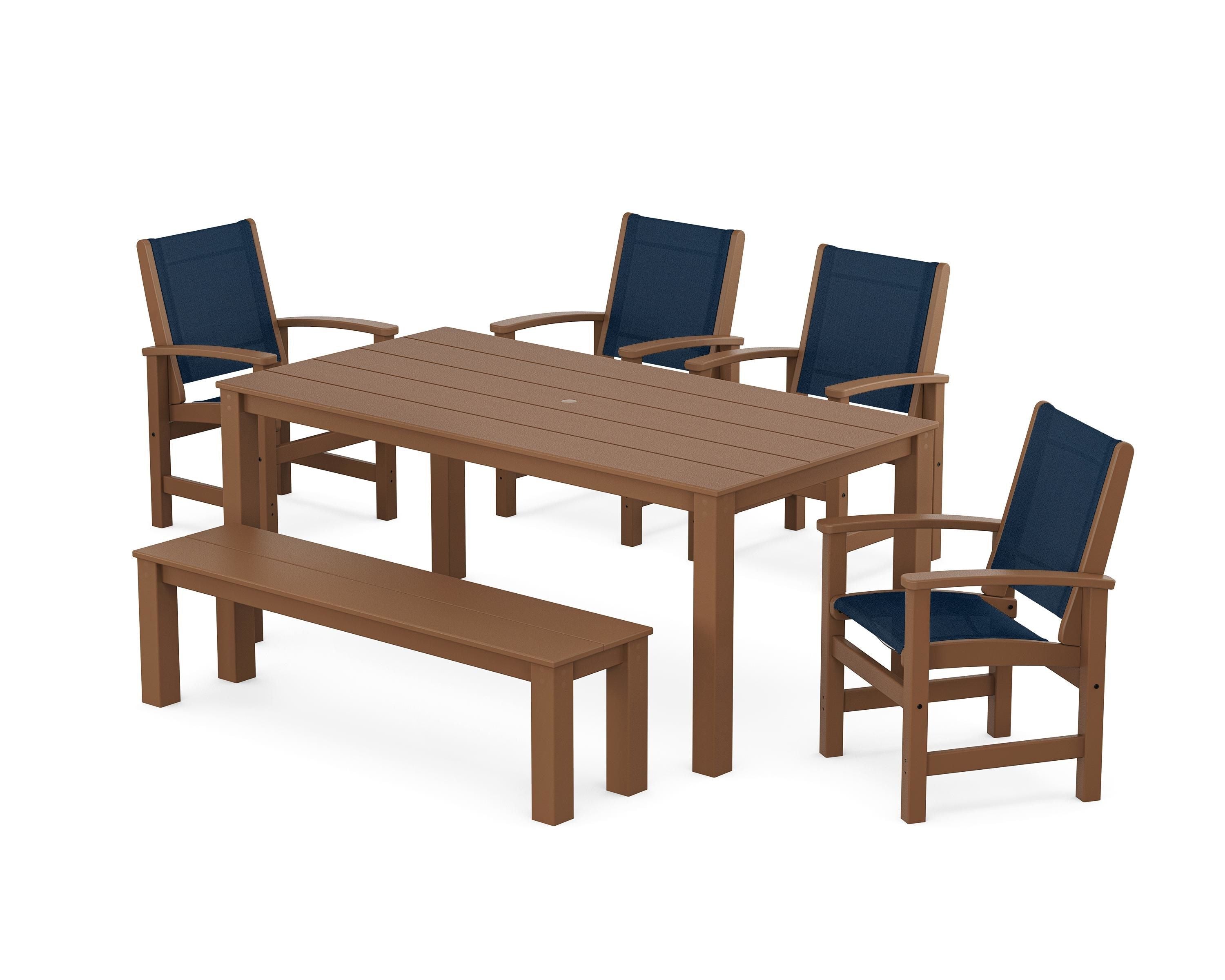 POLYWOOD Coastal 6-Piece Parsons Dining Set with Bench in Teak / Navy Blue Sling