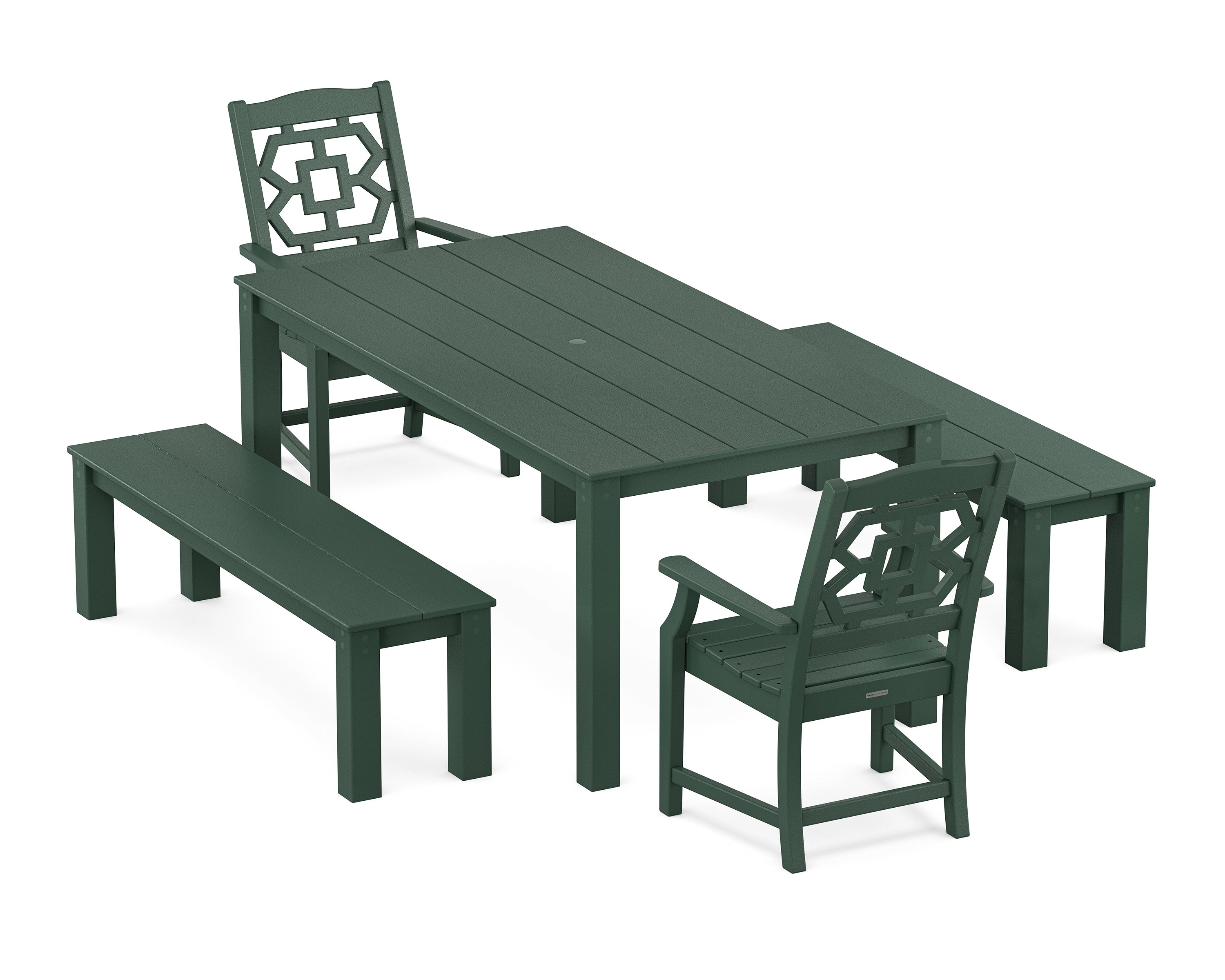 Martha Stewart by POLYWOOD Chinoiserie 5-Piece Parsons Dining Set with Benches in Green