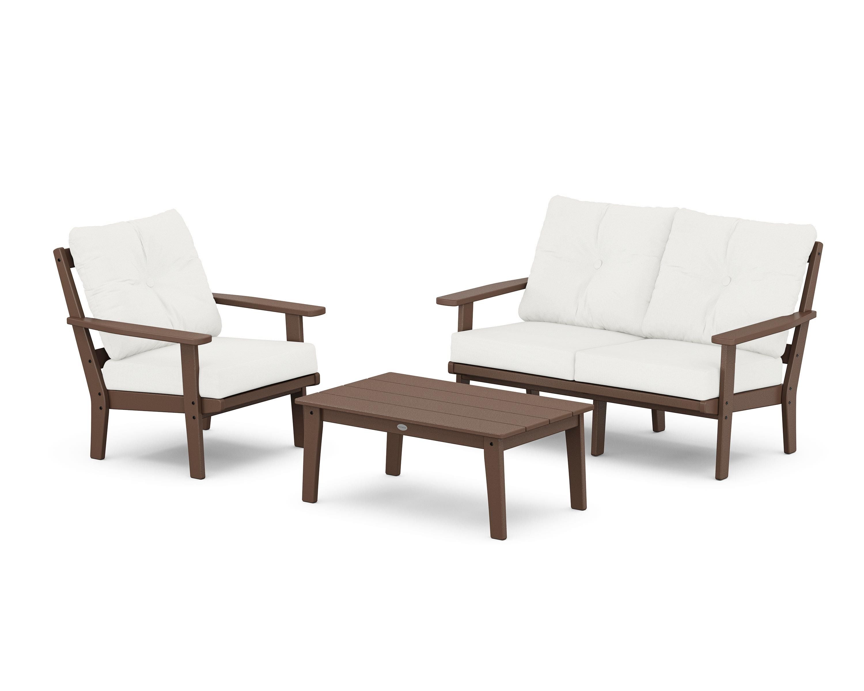POLYWOOD Oxford 3-Piece Deep Seating Set with Loveseat in Mahogany / Natural Linen