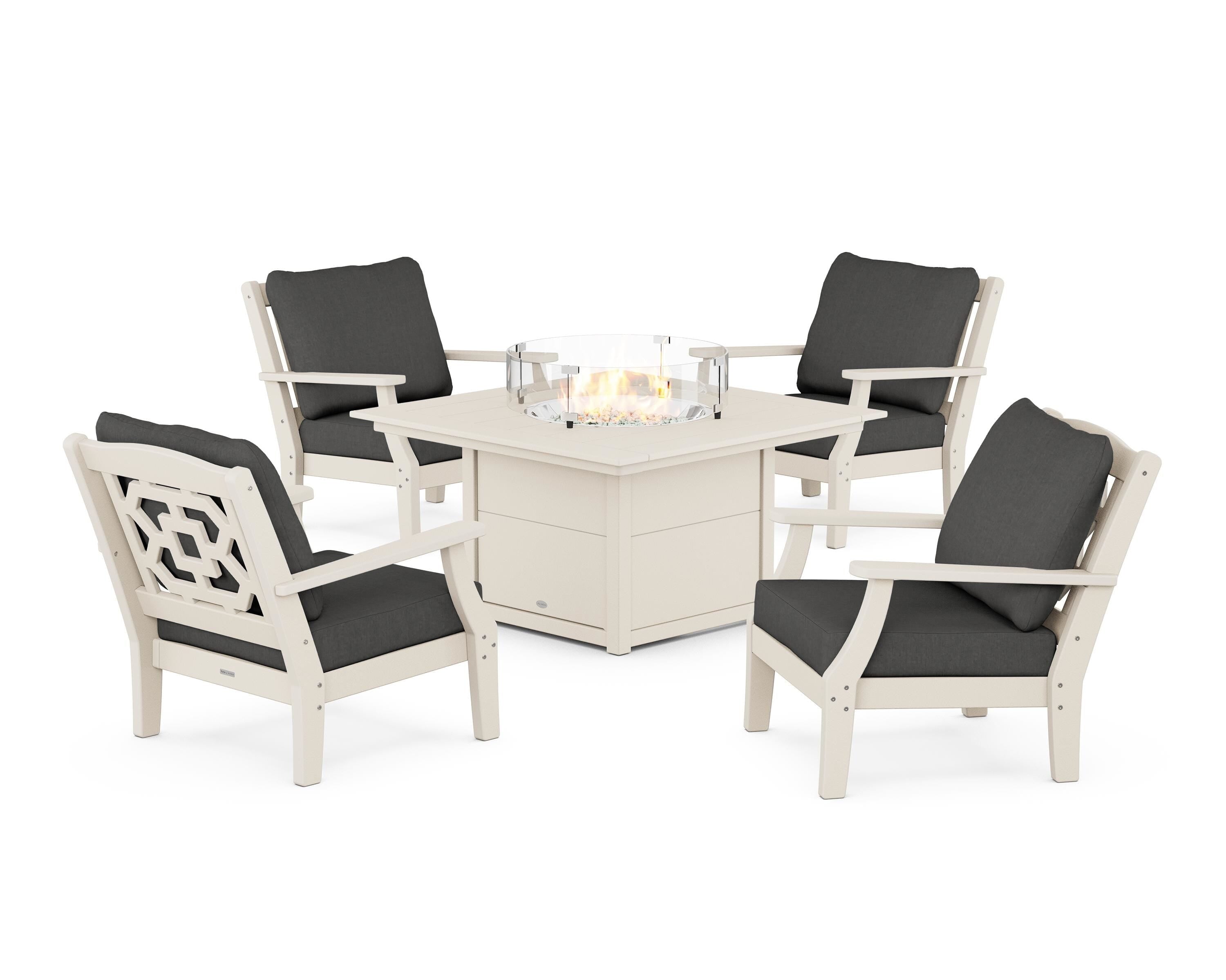 Martha Stewart by POLYWOOD Chinoiserie 5-Piece Deep Seating Set with Fire Pit Table in Sand / Spectrum Carbon