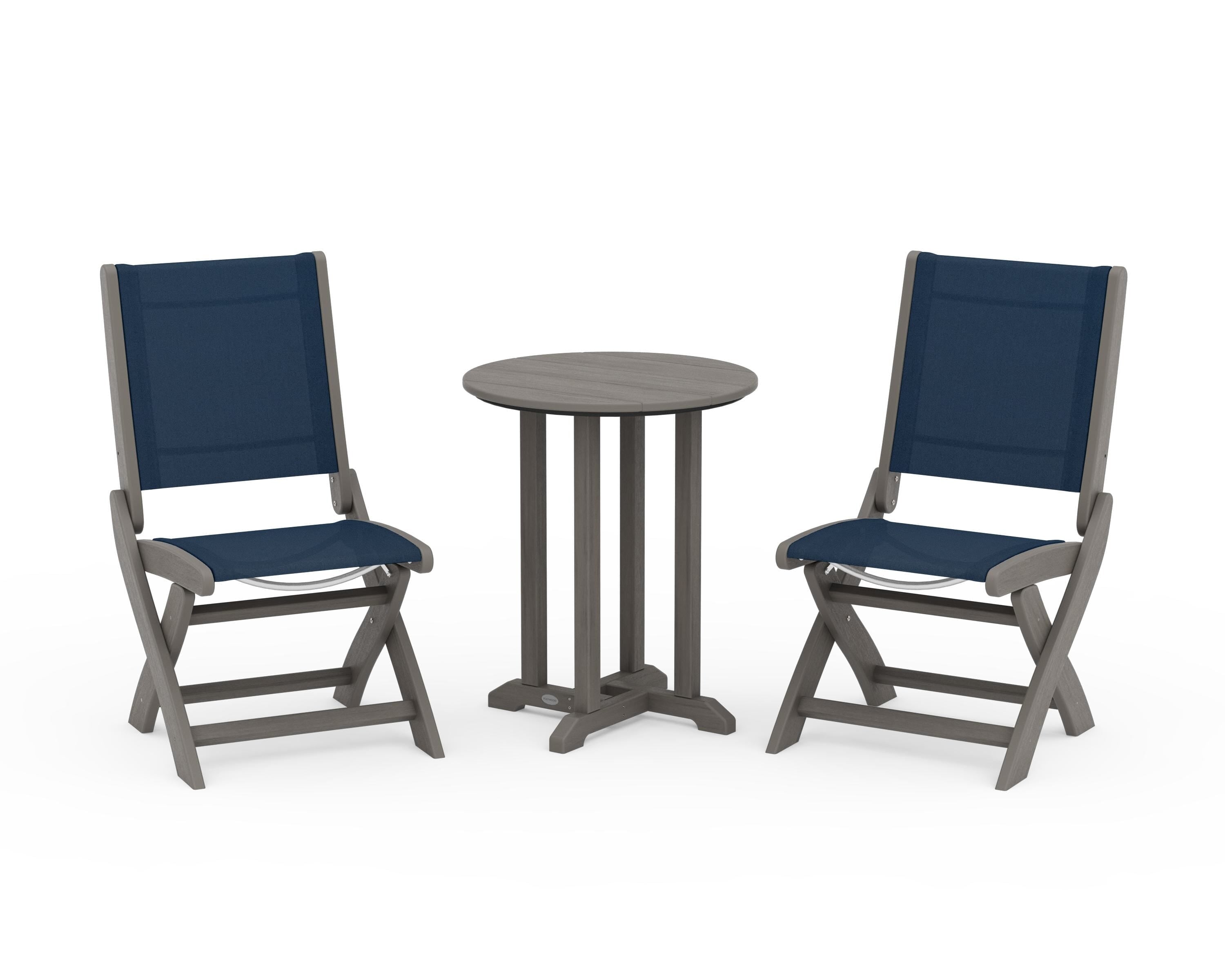 POLYWOOD Coastal Folding Side Chair 3-Piece Round Bistro Dining Set in Driftwood / Navy Blue Sling
