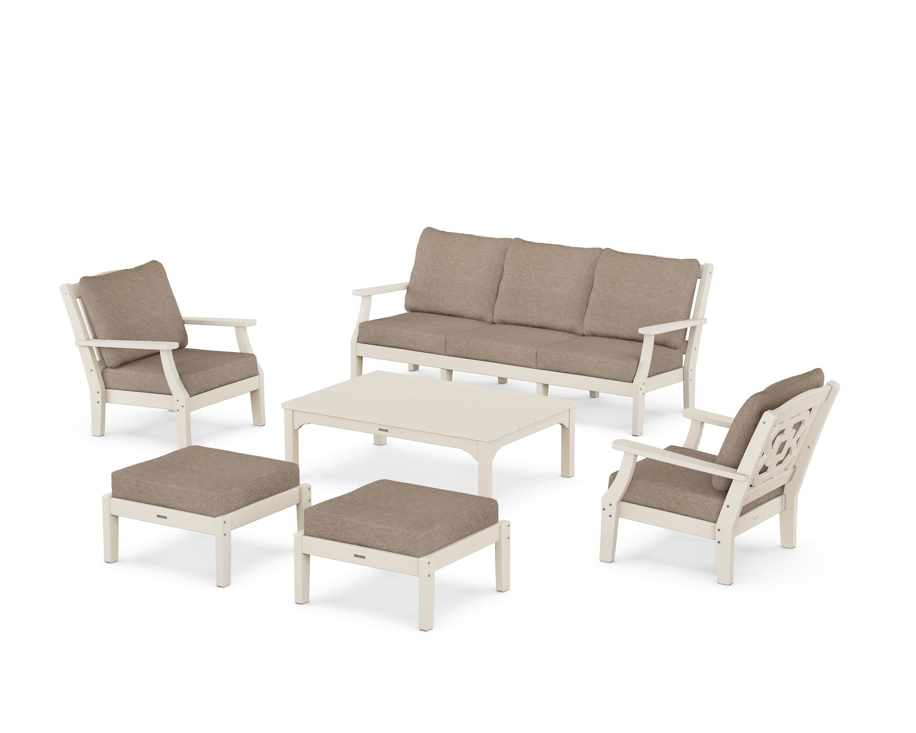 Martha Stewart by POLYWOOD Chinoiserie 6-Piece Lounge Sofa Set in Sand / Spiced Burlap