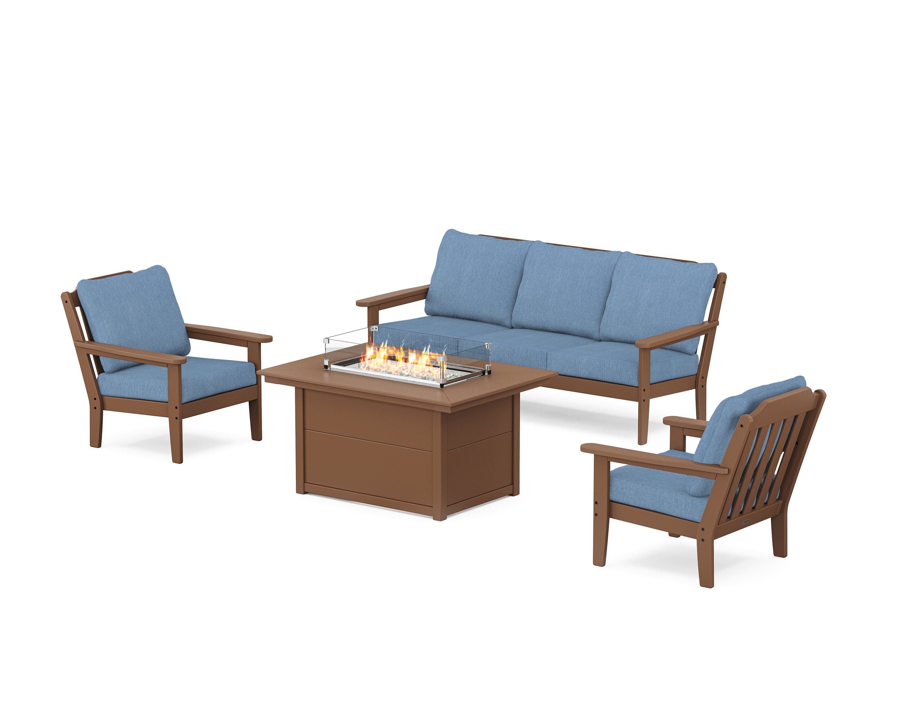 Country Living Cottage Deep Seating Fire Pit Table Set in Teak / Sky Blue