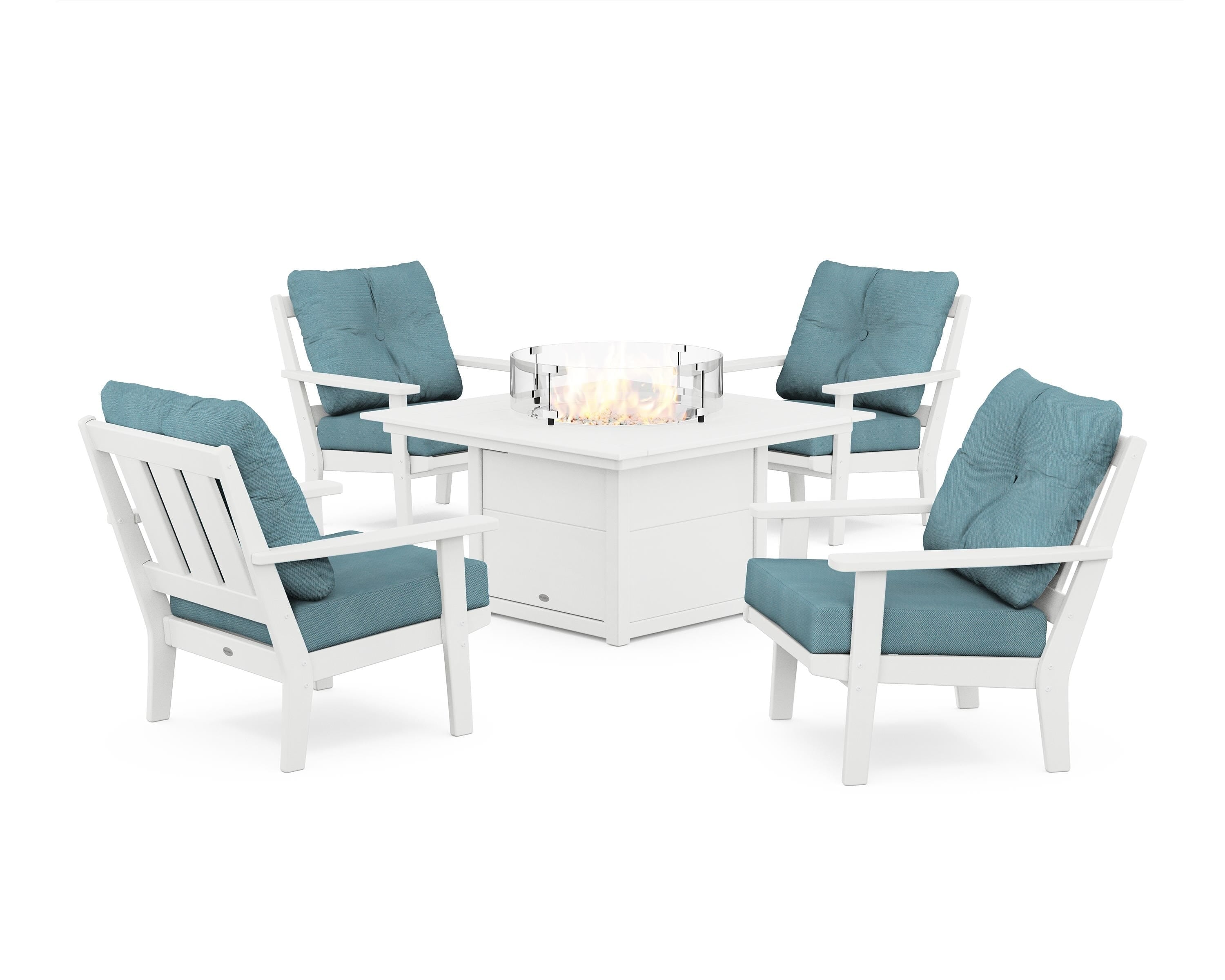 POLYWOOD Oxford 5-Piece Deep Seating Set with Fire Pit Table in White / Lattice Sky Blue