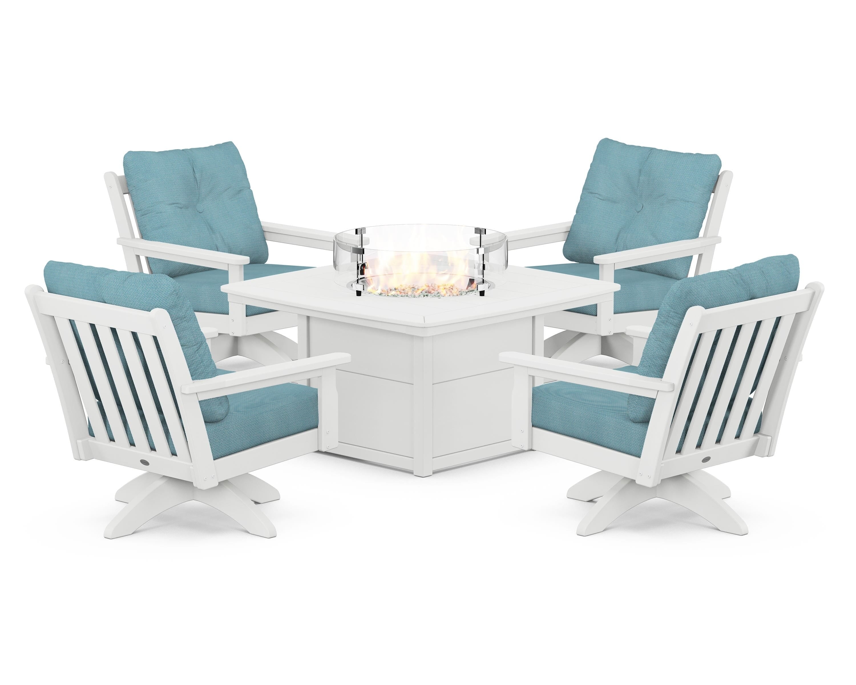 POLYWOOD Vineyard 5-Piece Deep Seating Swivel Conversation Set with Fire Pit Table in White / Lattice Sky Blue