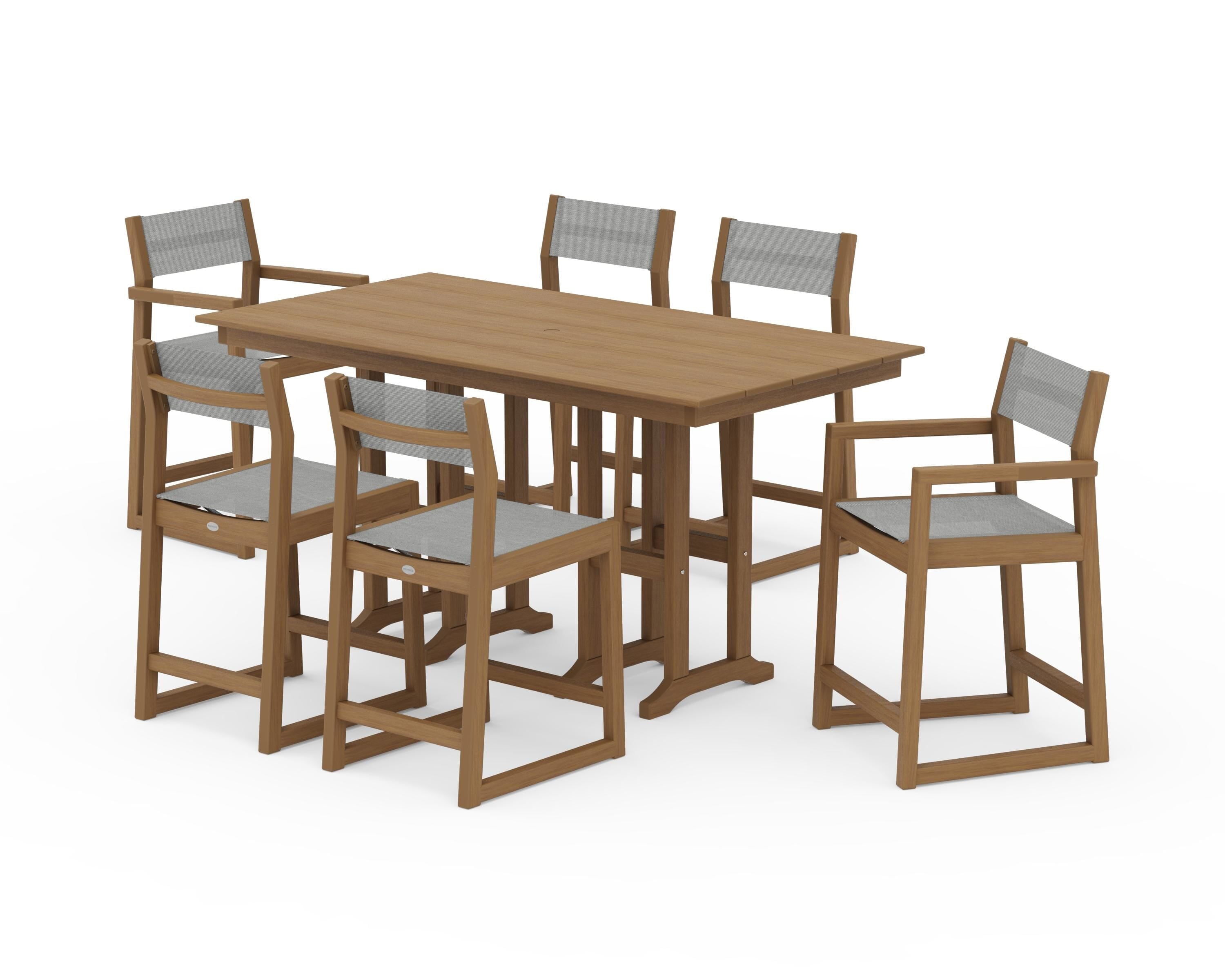 POLYWOOD EDGE Sling 7-Piece Farmhouse Counter Set with Trestle Legs in Natural / Metallic Sling