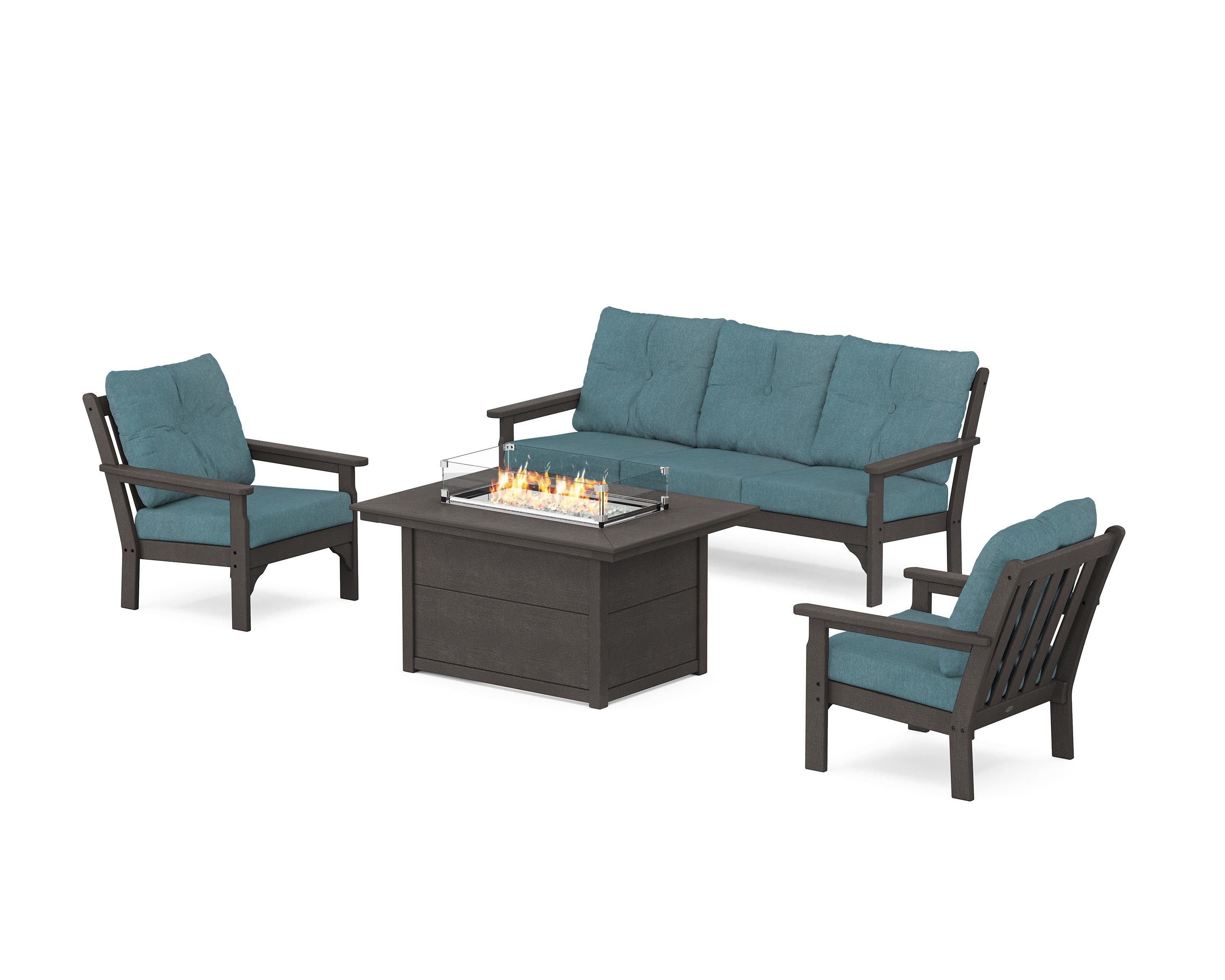 POLYWOOD Vineyard Deep Seating Fire Pit Table Set in Vintage Coffee / Ocean Teal