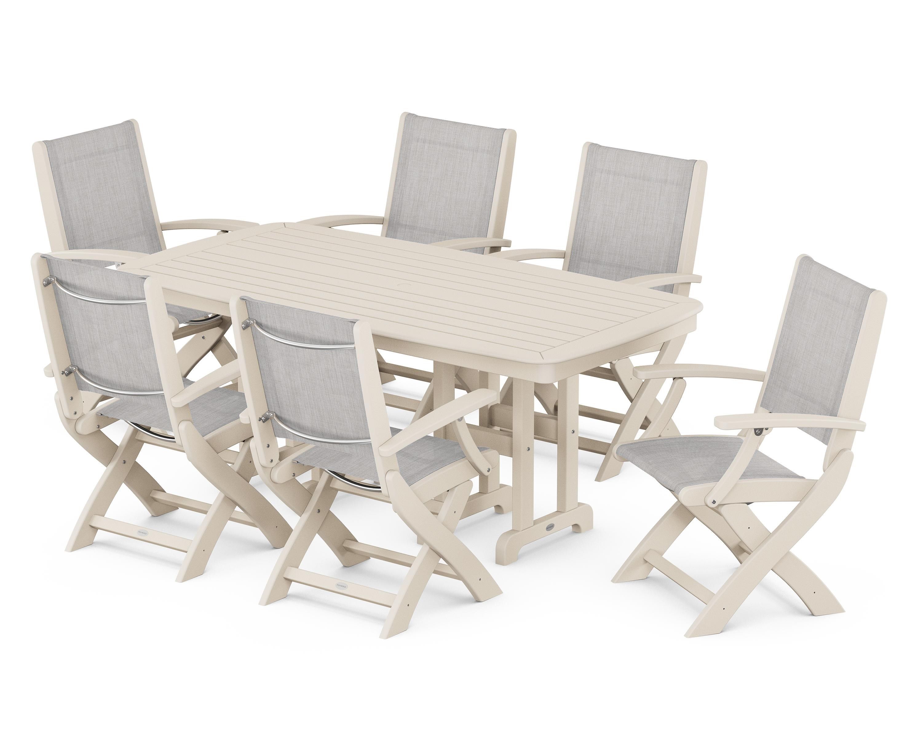 POLYWOOD Coastal Folding Arm Chair 7-Piece Dining Set in Sand / Parchment Sling