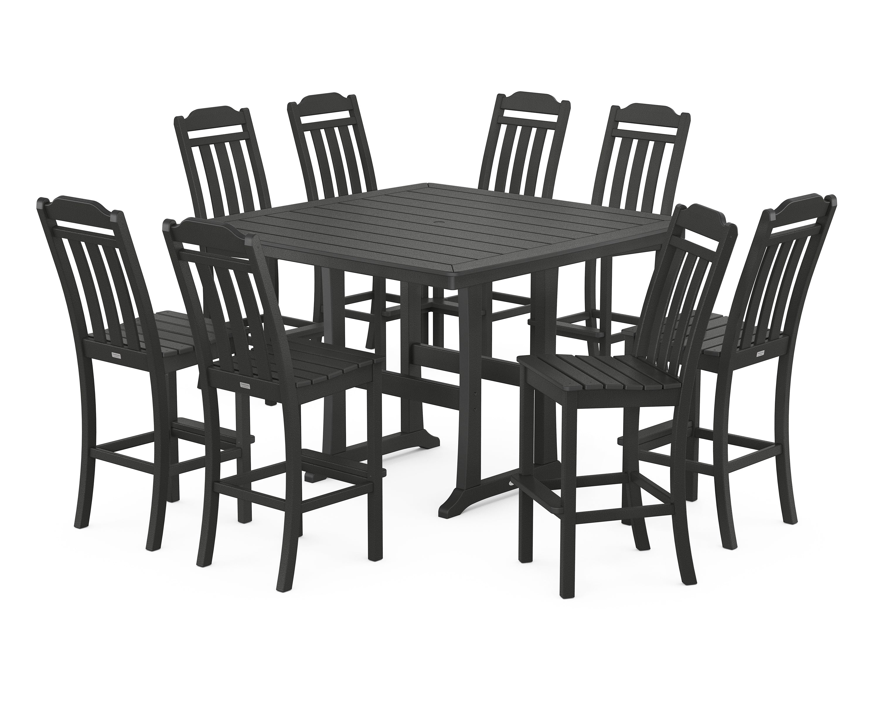 POLYWOOD Country Living 9-Piece Square Side Chair Bar Set with Trestle Legs in Black
