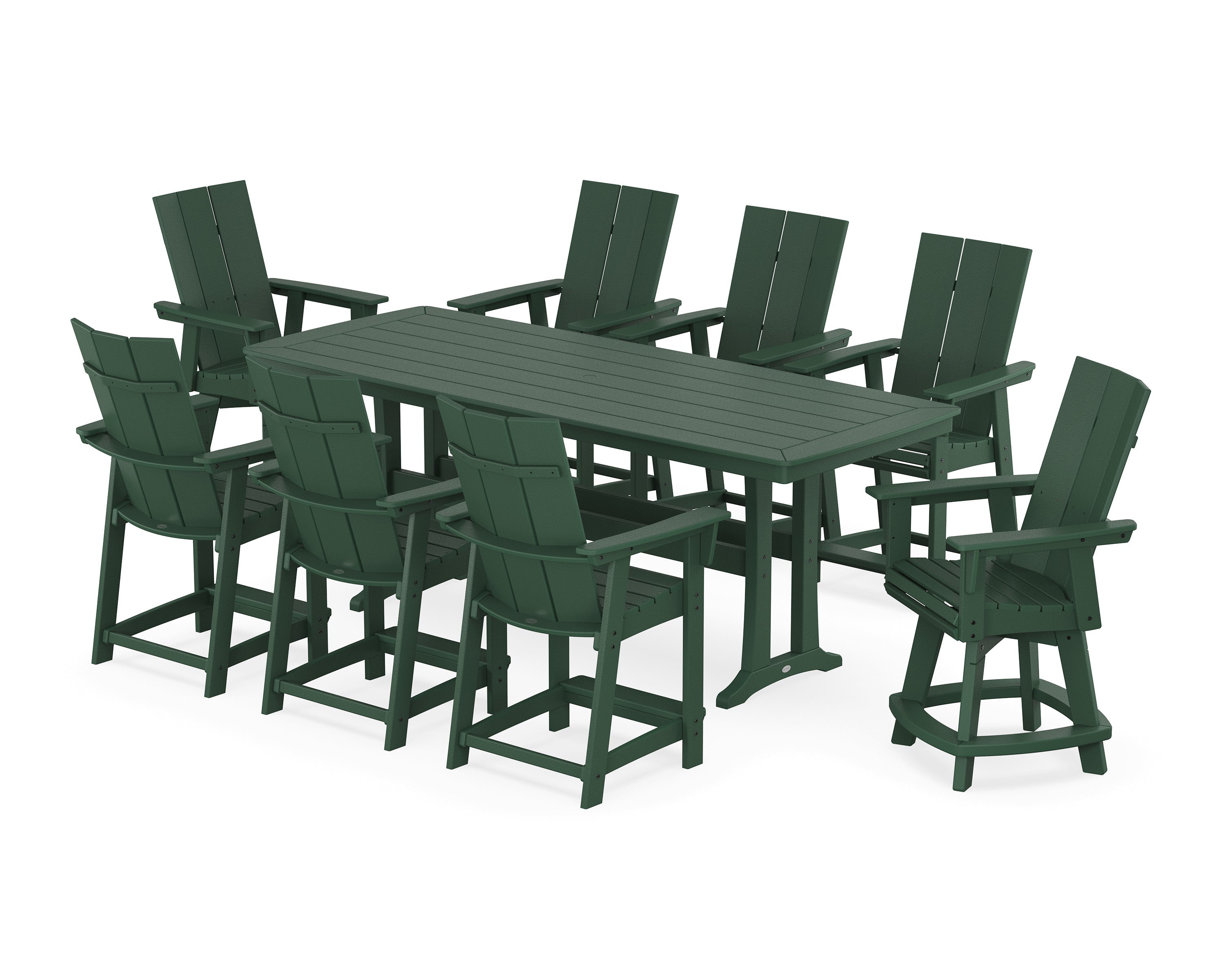 POLYWOOD® Modern Curveback Adirondack Swivel 9-Piece Counter Set with Trestle Legs in Green