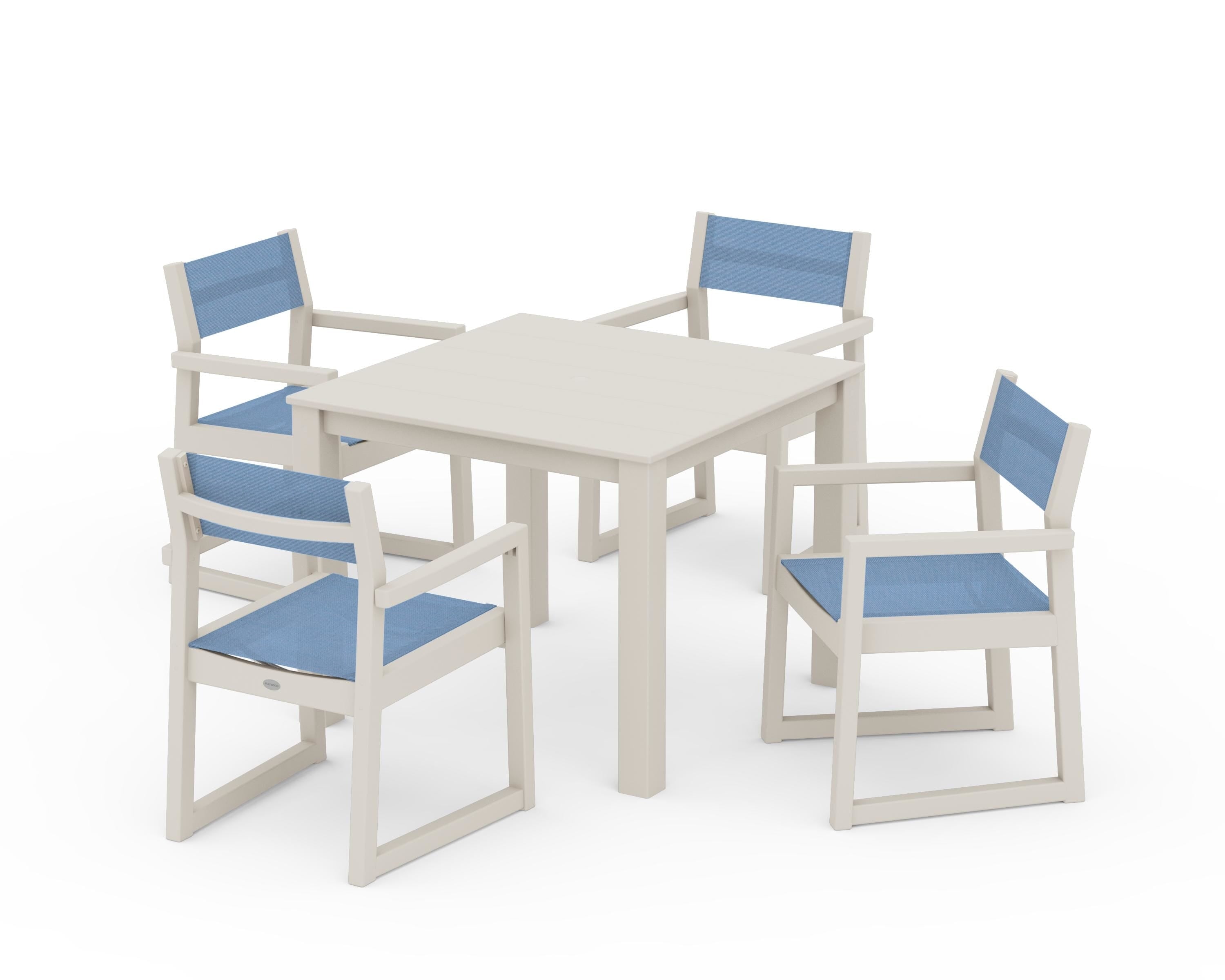 POLYWOOD EDGE Sling Arm Chair 5-Piece Parsons Dining Set in Sand / Poolside Sling